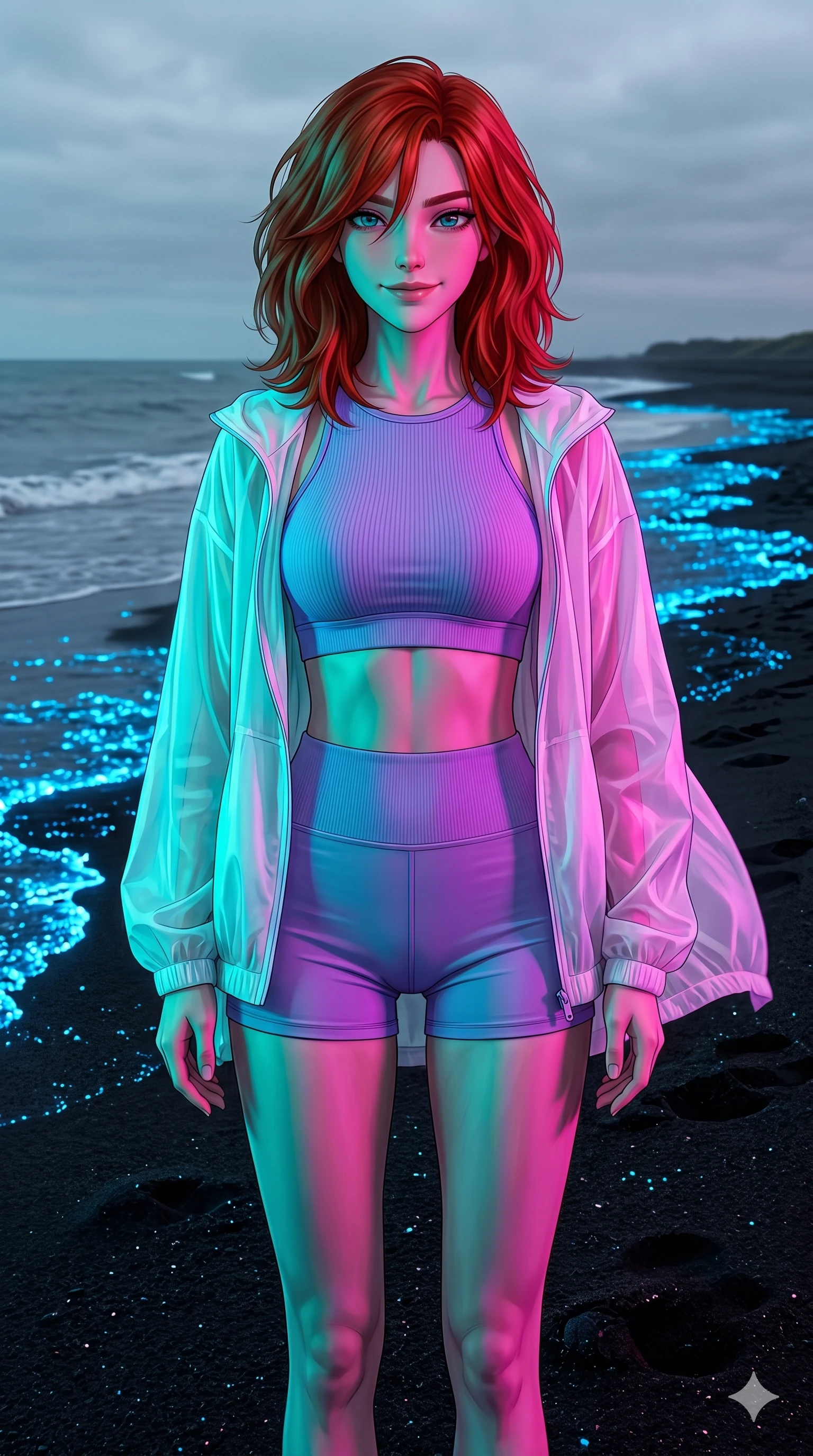 score_9, masterpiece, best quality, ultra-detailed, high-budget anime keyframe, editorial fashion photography, tasteful artistic composition, Korean woman. cowboy shot from the thighs up, character and outfit filling the frame for maximum editorial presence. Smiling with quiet, magnetic self-assurance directly into the camera on a beach of black volcanic sand with glowing blue algae lining the shoreline. She has an absolutely perfect 8-heads proportion, an exceptionally tall and slender female figure with impossibly long slender legs and an ultra-slim waist. V-shaped jawline, high-bridge nose, intricate jewel-like eyes with depth, thick eyelashes, glossy lips with a natural sheen. wearing a high-neck ribbed sports bra in lavender, paired with matching high-waist shorts under an oversized translucent white windbreaker jacket. under intense neon teal and magenta split-lighting creating vivid chromatic contrast on her figure. 2k, ultra detail, master piece, 9:16 ratio