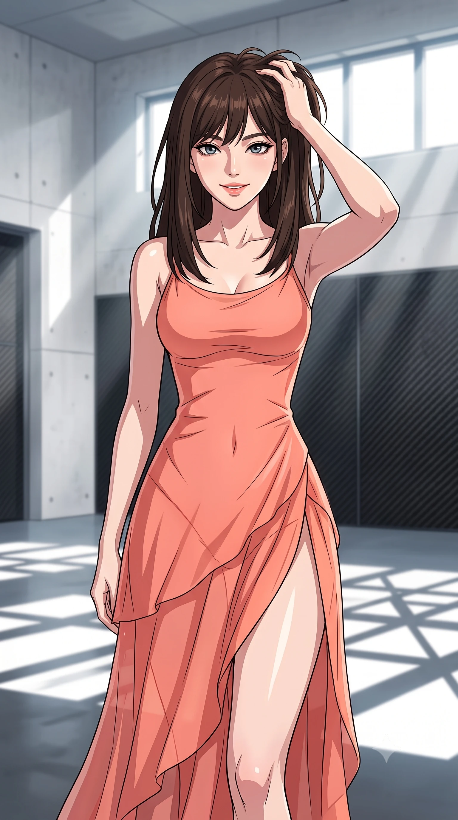 score_9, masterpiece, best quality, ultra-detailed, high-budget anime keyframe, tasteful artistic composition, Korean woman. close-up cowboy shot from the waist and thighs up, the character dominates the composition, filling the frame with her large presence, background elements kept in soft focus. smiling with quiet, magnetic self-assurance directly into the camera, running a hand through her hair the background shows a soft-focus a clean minimalist garage with white concrete walls and carbon fiber panels. She has an exceptionally elegant, slender, and willowy female figure with an ultra-slim waist, a gracefully sculpted slender torso, and a refined silhouette. sharp v-shaped jawline, high-bridge nose, intricate jewel-like eyes with depth, thick eyelashes, glossy lips with a natural sheen. wearing a slim-fit high-slit sheer chiffon resort dress in soft coral, revealing the contours of her athletic build through the fabric. bright midday sun rays filtering through high windows, creating sharp geometric shadows. highly saturated vibrant anime colors, cel-shading, 2d style, master piece, 9:16 ratio