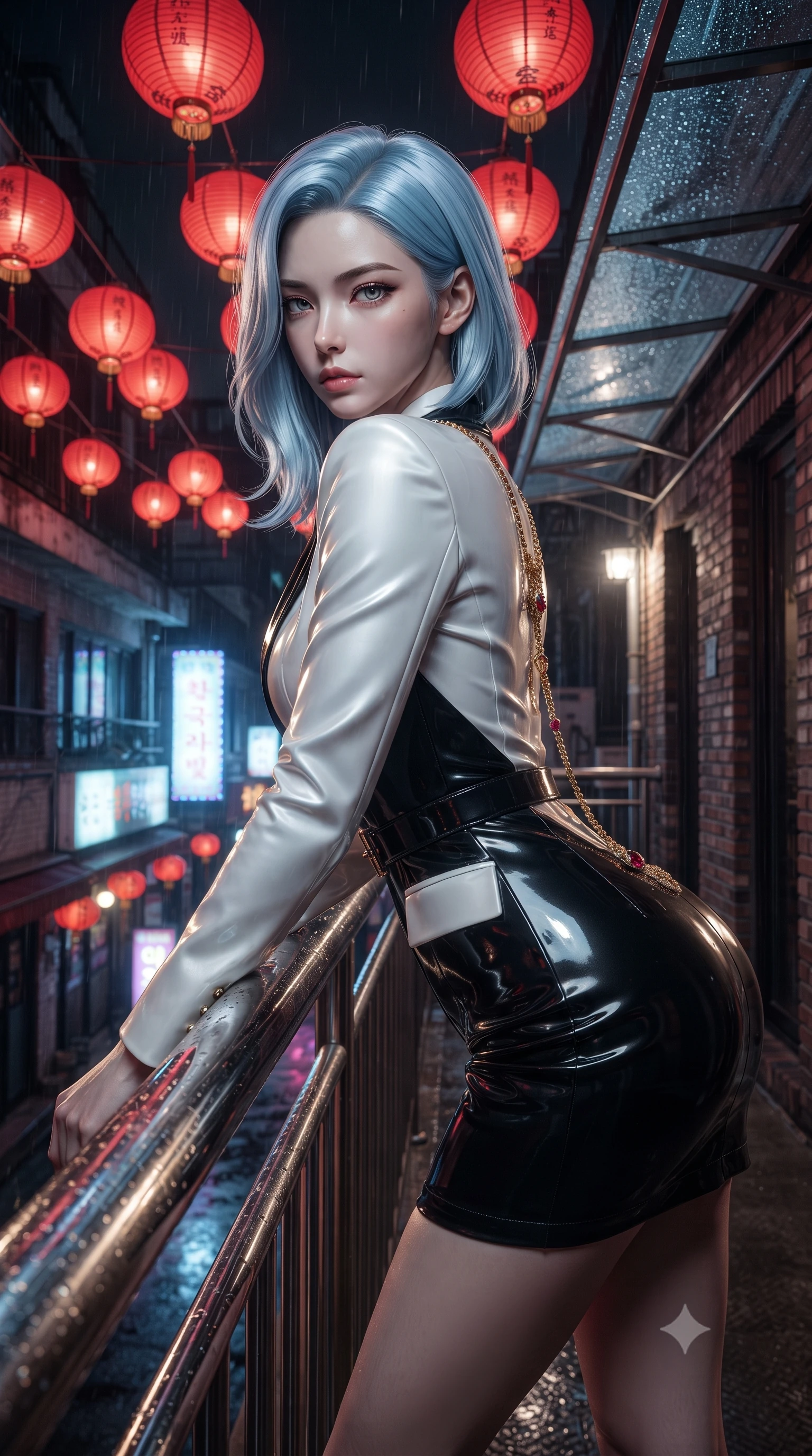 score_9, masterpiece, best quality, ultra-detailed, high-budget anime keyframe, editorial fashion photography, tasteful artistic composition, Korean woman. close-up cowboy shot from the waist and thighs up, the character dominates the composition, filling the frame with her large presence. leaning forward against the polished railing with her hips cocked back, creating an intoxicating curve from her narrow waist to sculpted hips as she gazes back into the lens while standing poised beneath hanging crimson paper lanterns, twisting her slender torso in an alluring S-curve while looking down at the neon-lit alley below. The composition keeps background elements in soft focus with creamy bokeh. rain-streaked glass awnings and weathered brick penthouse facades softened in moody cinematic focus. She has an exceptionally elegant, slender, and willowy female figure with an ultra-slim waist, a gracefully sculpted slender torso, toned flat midriff, and rounded feminine hips creating an alluring hourglass silhouette. sharp v-shaped jawline, high-bridge nose, intricate jewel-like eyes with depth, thick eyelashes, glossy parted lips with a natural sheen, intensely captivating and seductive bedroom-eyes expression, flawlessly proportioned anatomical accuracy, strict slender model proportions, natural body alignment, perfectly sculpted long slender limbs, ultra-slim waistline, clean dynamic posture without body distortion. wearing a tailored satin tuxedo jacket dress with mandarin lapels and a slim gold-buckle belt in high-contrast monochrome white and glossy black, tailored from second-skin aerodynamic stretch vinyl with specular wet sheen, accented with a glittering dragon back chain tracing her bare spine down to her hip line, the glove-like aerodynamic silhouette tightly following the natural contour of her hips and long slender legs with statuesque precision. illuminated by wet specular asphalt bounce lights sharply sculpting her narrow waist and rounded hips. ultra-reflective glossy finish, specular highlights, rich textural contrasts, high-contrast stereoscopic depth, volumetric dynamic lighting, 2k, ultra detail, master piece, 9:16 ratio