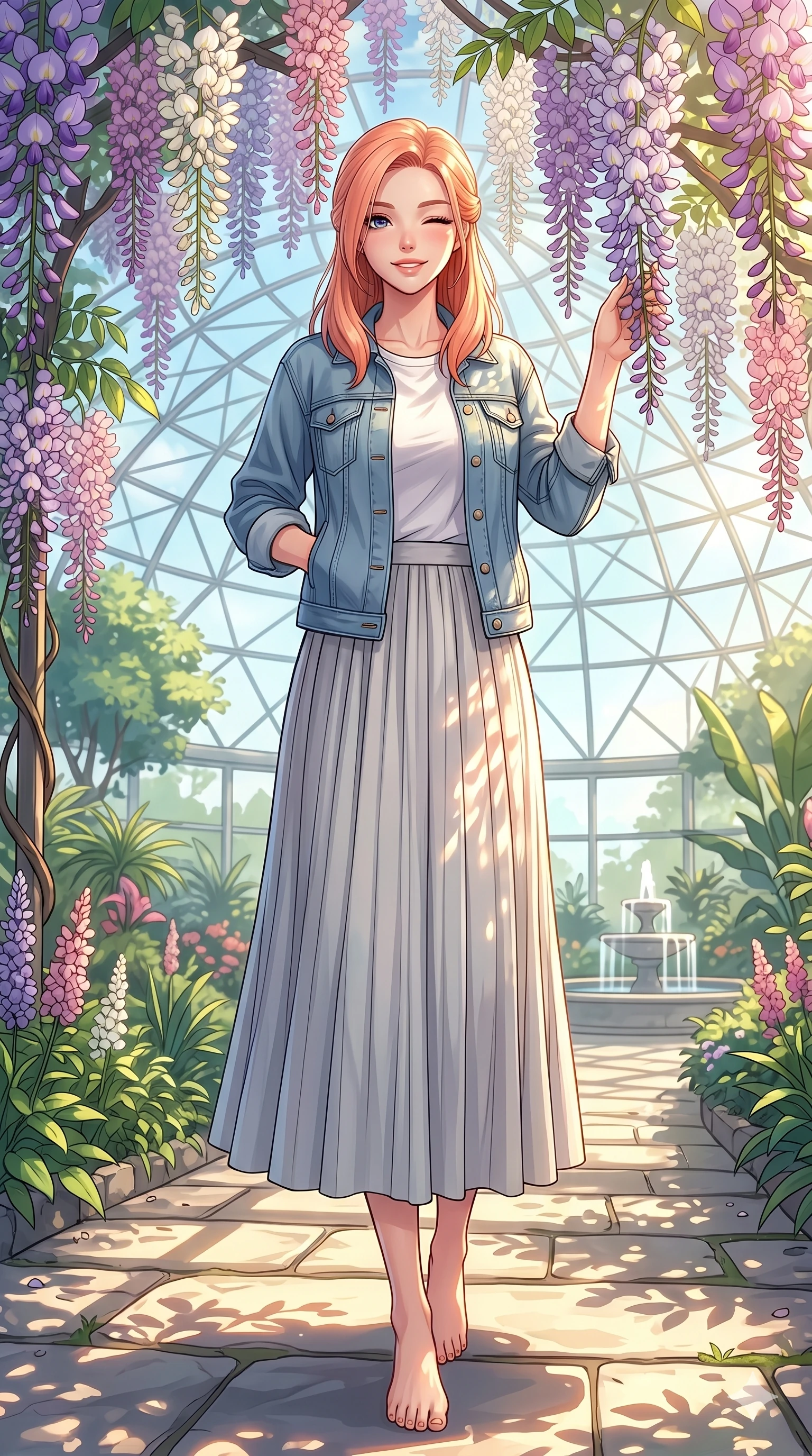 score_9, masterpiece, best quality, ultra-detailed, high-budget anime keyframe, vibrant anime aesthetic, Japanese woman. low angle full-body shot from head to toe showing her feet, filling the entire 9:16 vertical frame with her statuesque presence, stretching her vertical silhouette. She is standing under wisteria vines, winking with a delightful and smiling face standing in a quiet botanical sanctuary with sunlight filtering through a glass dome (Code-P20-040). She has an absolutely perfect 8-heads proportion, an exceptionally tall and slender female figure with impossibly long slender legs and an ultra-slim waist. V-shaped jawline, high-bridge nose, intricate jewel-like eyes with depth, thick eyelashes, glossy lips with a natural sheen. wearing a modern denim jacket over a cotton tee and long pleated skirt. She is drenched in brilliant morning sunshine, casting long warm highlights and leaf patterns. 2k, ultra detail, master piece, 9:16 ratio