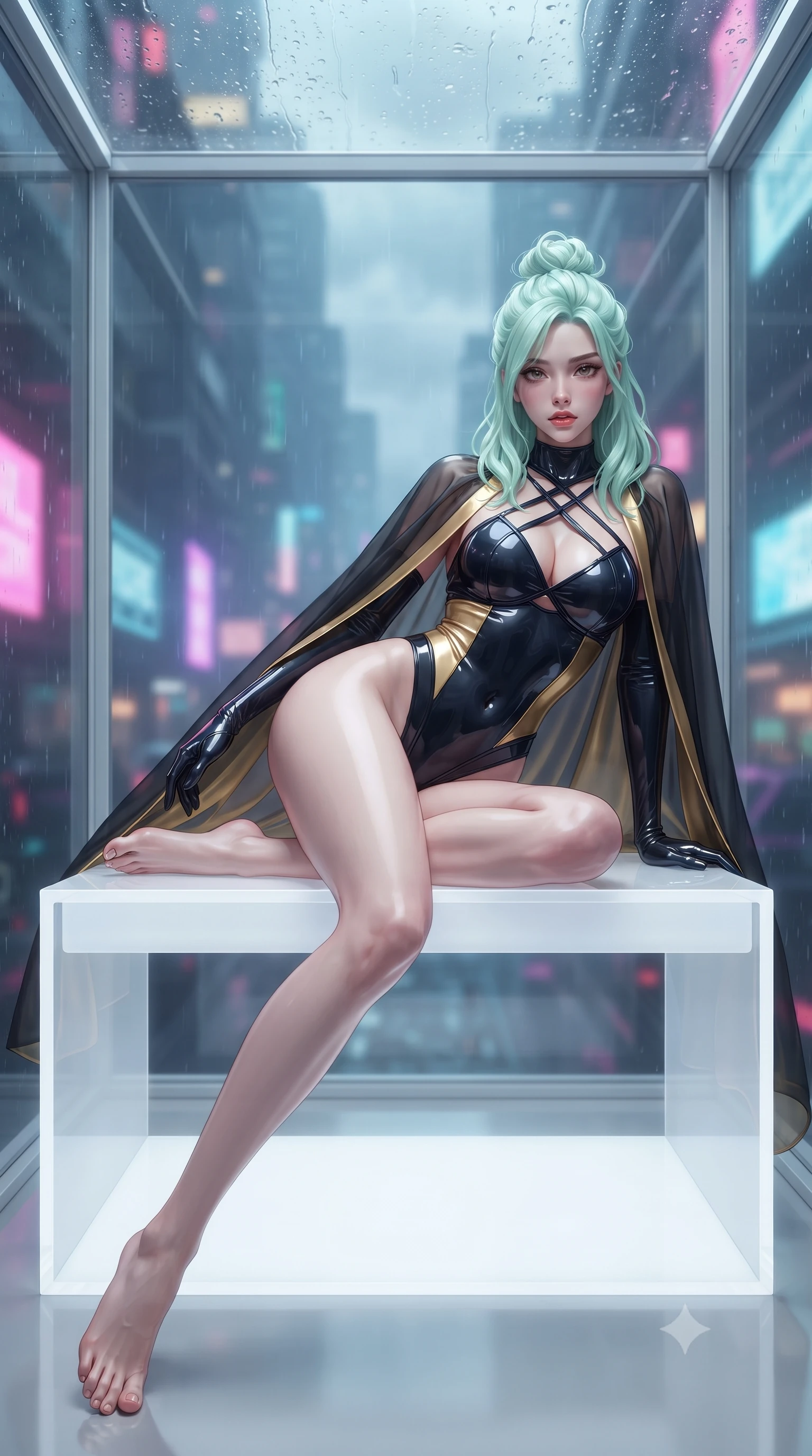 score_9, masterpiece, best quality, ultra-detailed, high-budget anime keyframe, editorial fashion photography, tasteful artistic composition, Japanese woman. low angle full-body shot from head to toe showing her feet, filling the entire 9:16 vertical frame with her statuesque presence, stretching her vertical silhouette. reclining on her side in an elegant Cleopatra pose with one knee drawn up, the dramatic contour of her rounded hips and long slender legs commanding the 9:16 vertical frame while reclining on a minimalist white acrylic cube daybed within the transparent skybox, arching her lower back to display her curvy hips against the neon abyss. The composition keeps background elements in soft focus with creamy bokeh. sleek glasscube structural frame and passing rain clouds softened in futuristic shallow focus. She has an exceptionally tall and slender model-like 8.5-heads proportion, an ultra-slim waist, a flat toned midriff, narrow delicate ribcage, and beautifully sculpted feminine hips creating a graceful, slim hourglass silhouette without any bulky heaviness, with impossibly long slender legs. sharp v-shaped jawline, high-bridge nose, intricate jewel-like eyes with depth, thick eyelashes, glossy parted lips with a natural sheen, intensely captivating and seductive bedroom-eyes expression, flawlessly proportioned anatomical accuracy, strict slender model proportions, natural body alignment, perfectly sculpted long slender limbs, ultra-slim waistline, clean dynamic posture without body distortion. wearing a desert queen monokini with crossed chest straps and high-cut hip bands, worn under a sweeping organza cape in midnight obsidian black and liquid gold, tailored from second-skin aerodynamic stretch vinyl with specular wet sheen, finished with criss-cross back satin straps highlighting her graceful shoulder blades, the glove-like aerodynamic silhouette tightly following the natural contour of her hips and long slender legs with statuesque 8.5-heads elegance. illuminated by wet specular glass bounce lights sculpting her razor-sharp jawline, narrow waist, and curvy hips. ultra-reflective glossy finish, specular highlights, rich textural contrasts, high-contrast stereoscopic depth, volumetric dynamic lighting, 2k, ultra detail, master piece, 9:16 ratio