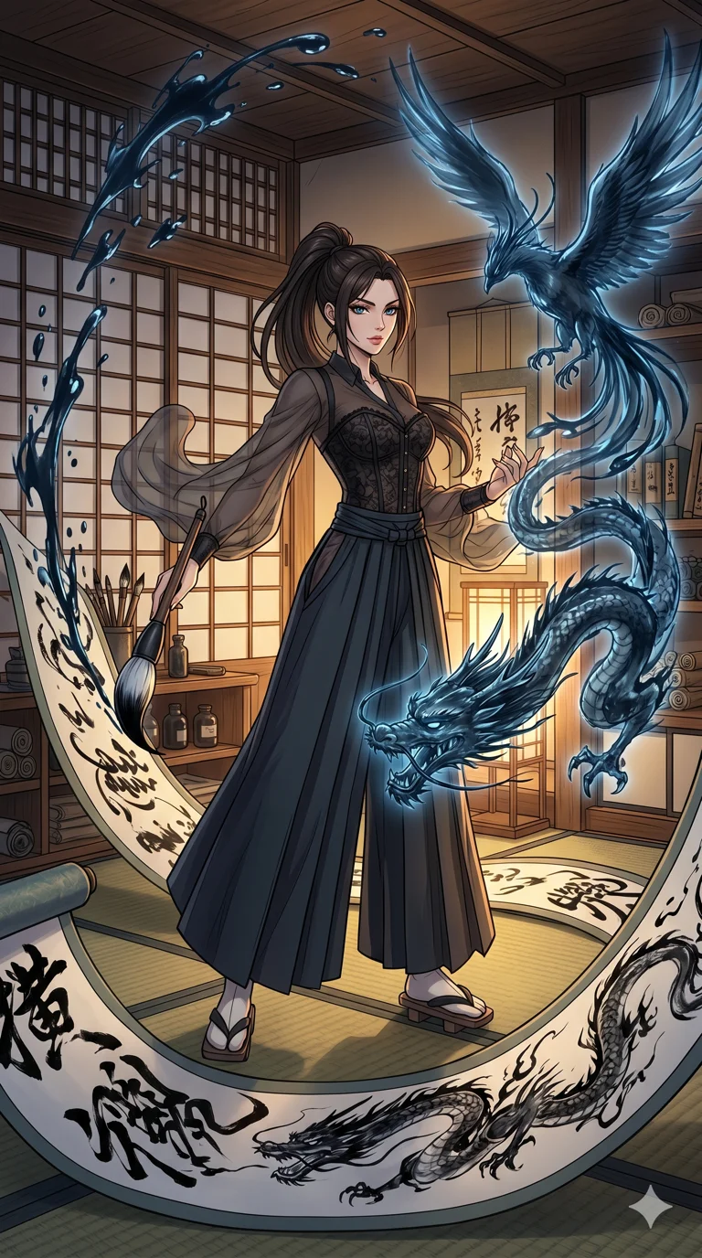 score_9, masterpiece, best quality, ultra-detailed, high-budget anime keyframe, an incredibly beautiful Caucasian woman (strictly human ears). Dynamic full-body shot stretching the vertical silhouette, dominating the 9:16 frame. She is an ink mage drawing massive mystical creatures into life from a giant scroll. She has an absolutely perfect 8-heads proportion, an exceptionally tall and slender build emphasizing a delicate skinny aesthetic. Her face is a flawless masterpiece with a sharp v-shaped jawline, high-bridge nose, expressive jewel-like eyes, thick eyelashes, and perfectly glossy lips. She is wearing a seductive black lace corset and sheer fabric sleeves. A traditional Japanese study with ink splashes floating in mid-air, cinematic lighting., 2k, ultra detail, master piece, 9:16 ratio