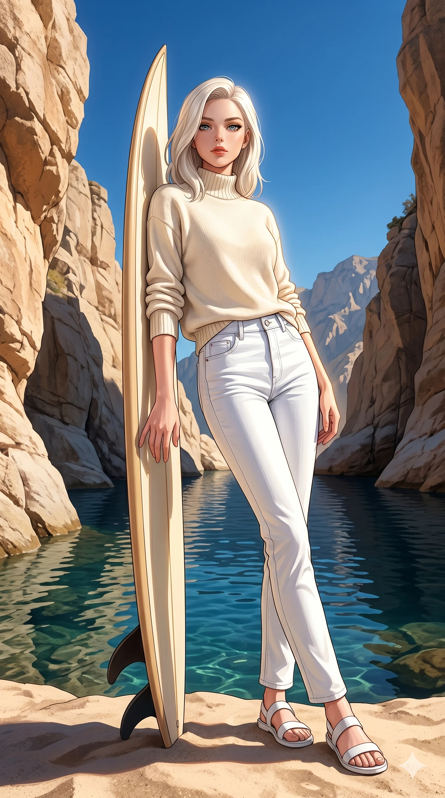 score_9, masterpiece, best quality, ultra-detailed, high-budget anime keyframe, editorial fashion photography, tasteful artistic composition, Caucasian woman, strictly human ears. low angle full-body shot from head to toe showing her feet, filling the entire 9:16 vertical frame with her statuesque presence, stretching her vertical silhouette. leaning against a surfboard on the sand, looking at the viewer with an air of effortless confidence by a deep rock pool in a mountain canyon under a clear summer sky (Code-P19-019). She has an absolutely perfect 8-heads proportion, an exceptionally tall and slender female figure with impossibly long slender legs and an ultra-slim waist. V-shaped jawline, high-bridge nose, intricate jewel-like eyes with depth, thick eyelashes, glossy lips with a natural sheen. wearing a high-neck cozy summer cotton sweater paired with white denim long trousers. illuminated by a bright, warm key light from the side, tracing the elegant curves of her neck. 2k, ultra detail, master piece, 9:16 ratio