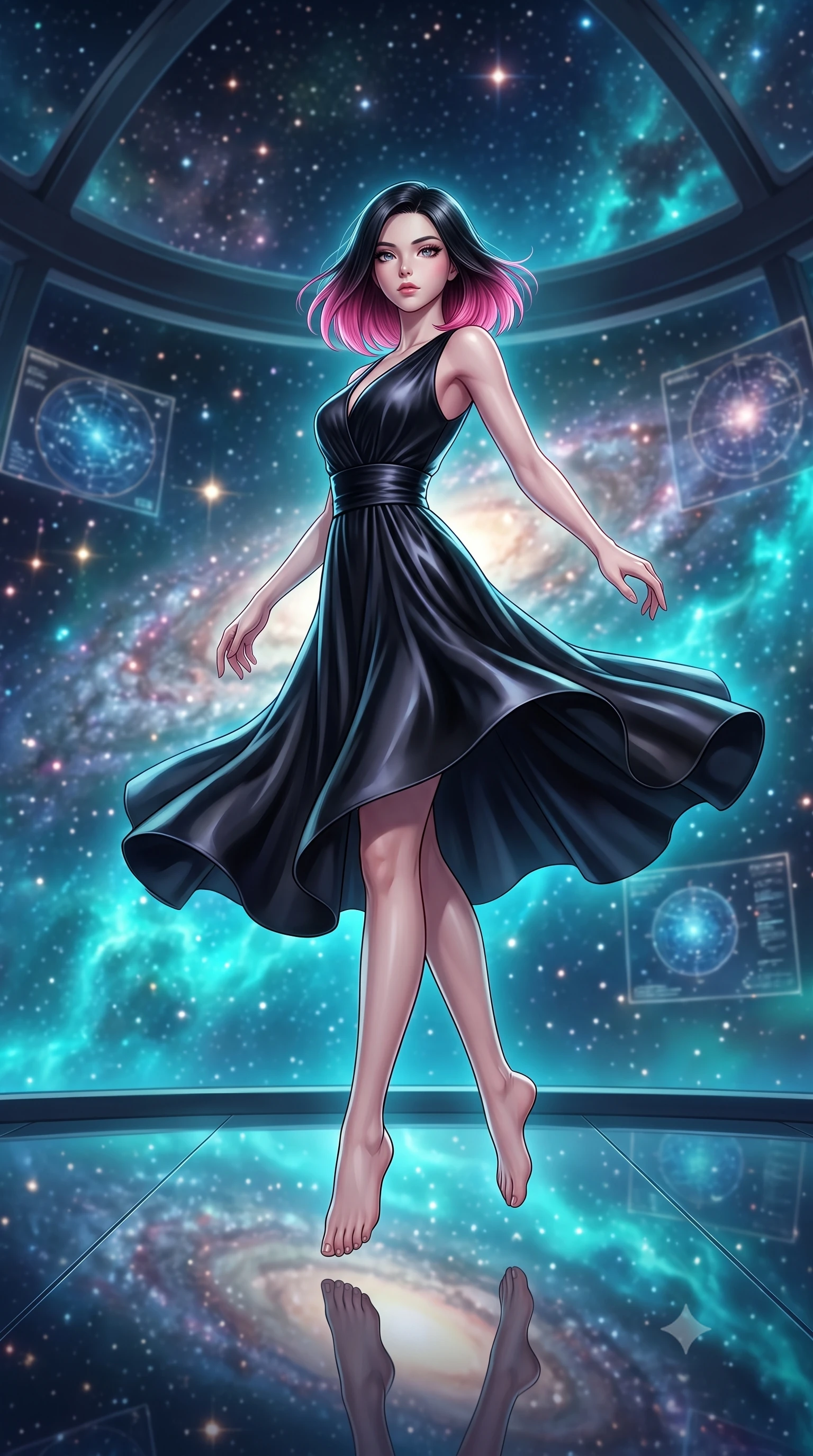 score_9, masterpiece, best quality, ultra-detailed, high-budget anime keyframe, editorial fashion photography, tasteful artistic composition, Korean woman woman. low angle full-body shot from head to toe showing her feet, filling the entire 9:16 vertical frame with her statuesque presence, stretching her vertical silhouette. She has an absolutely perfect, statuesque 8.5-heads proportion, an exceptionally tall and slender model-like female figure with impossibly long slender legs and an ultra-slim waist. mid-air spin above the reflective floor, maintaining an athletic and perfectly balanced poise, flawlessly proportioned anatomical accuracy, natural body alignment, perfectly sculpted elegant limbs, clean dynamic posture without body distortion. set against a soft-focus background of a panoramic star observatory deck with floating galaxy maps. wearing a sleek obsidian liquid silk midi dress with a tight tailored waistline. bathed in starlight and cosmic turquoise nebula glow wrapping her athletic build. highly saturated vibrant anime colors, detailed shading with soft gradients, rich glossy textures, high-contrast stereoscopic depth, volumetric dynamic lighting, master piece, 9:16 ratio