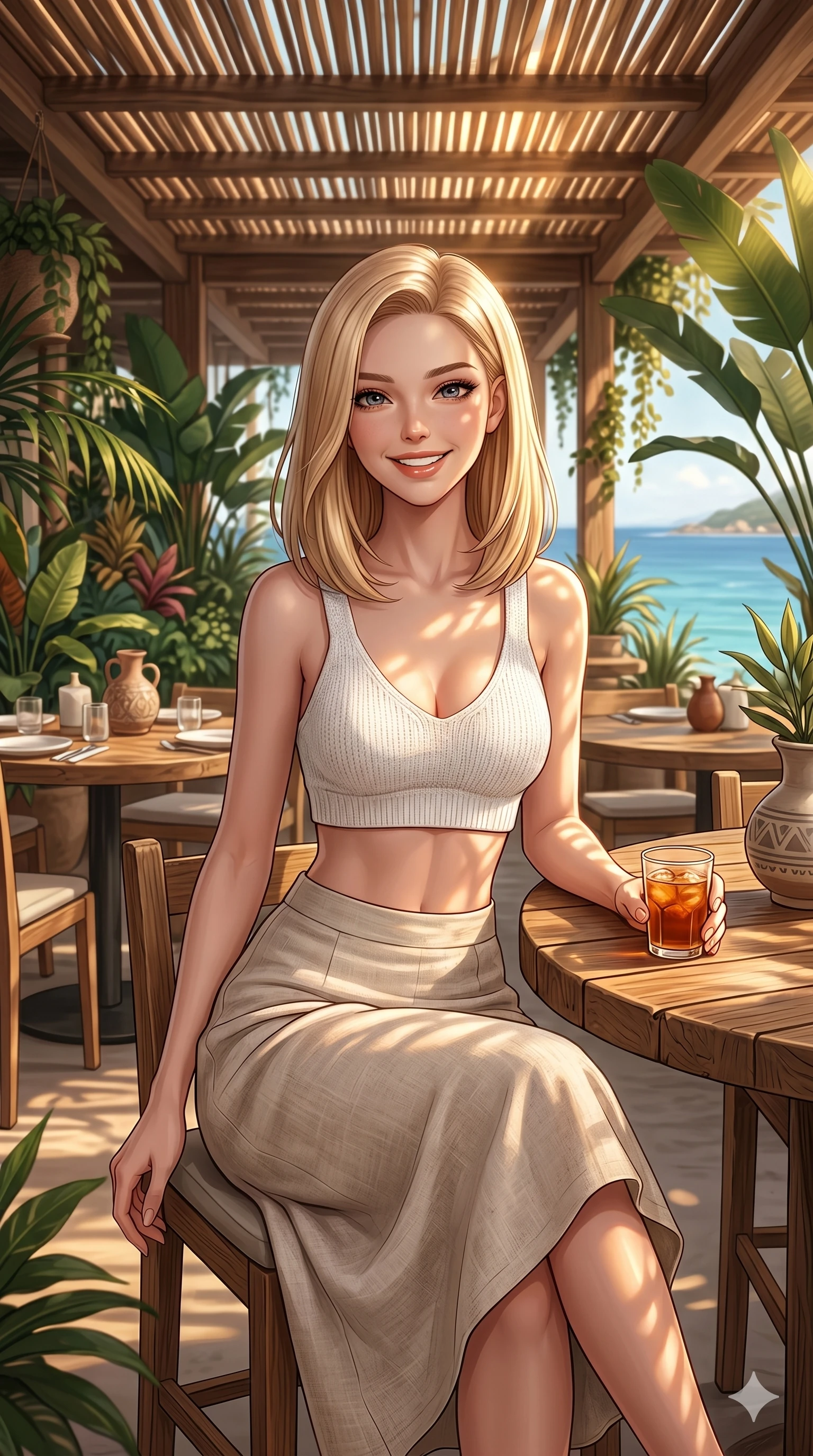 score_9, masterpiece, best quality, ultra-detailed, high-budget anime keyframe, editorial fashion photography, tasteful artistic composition, Korean woman. cowboy shot from the thighs up, character and outfit filling the frame for maximum editorial presence. sitting at a table, looking up with a warm, welcoming grin and cheerful eyes inside an open-air restaurant by the sea, surrounded by tropical plants. She has an absolutely perfect 8-heads proportion, an exceptionally tall and slender female figure with impossibly long slender legs and an ultra-slim waist. V-shaped jawline, high-bridge nose, intricate jewel-like eyes with depth, thick eyelashes, glossy lips with a natural sheen. wearing a white knit crop top showing her elegantly sculpted midriff, and a linen skirt. bathed in warm golden sunlight filtering through the wooden slats of the roof. 2k, ultra detail, master piece, 9:16 ratio