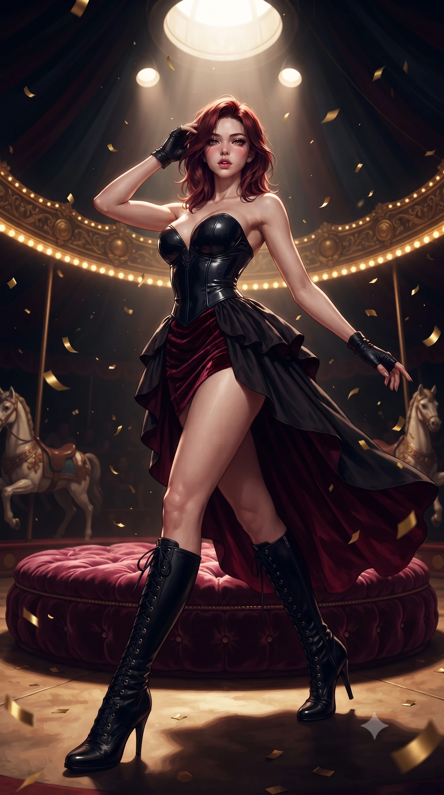 score_9, masterpiece, best quality, ultra-detailed, high-budget anime keyframe, editorial fashion photography, tasteful artistic composition, Korean woman. low angle full-body shot from head to toe showing her feet, filling the entire 9:16 vertical frame with her statuesque presence, stretching her vertical silhouette. striding forward in a proud supermodel runway stride, hips swaying in an alluring kinetic rhythm that accentuates her curvy hourglass silhouette while reclining languidly on a velvet ring cushion inside the dark circus tent, spine arched in an alluring S-curve as gold confetti flutters around her. The surrounding environment is rendered in vivid detail and crisp panoramic clarity. detailed theatrical costume embroidery, brass button sheen, and polished wood grain in high resolution. She has an absolutely perfect, statuesque 8.5-heads proportion, an exceptionally tall and slender model-like female figure with impossibly long slender legs, a toned flat midriff, an ultra-slim waist, and beautifully sculpted feminine hips. sharp v-shaped jawline, high-bridge nose, intricate jewel-like eyes with depth, thick eyelashes, glossy parted lips with a natural sheen, intensely captivating and seductive bedroom-eyes expression, flawlessly proportioned anatomical accuracy, strict slender model proportions, natural body alignment, perfectly sculpted long slender limbs, ultra-slim waistline, clean dynamic posture without body distortion. wearing a deep sweetheart neckline circus bustier paired with a gathered chiffon high-slit bustle skirt in midnight obsidian black and blood crimson velvet, tailored from second-skin aerodynamic stretch vinyl with specular sheen, accessorized with knee-high stiletto lace-up boots and fingerless leather gloves, the liquid-tight tailored fabric clinging flawlessly to her narrow waist and rounded feminine hips, emphasizing every millimeter of her sculpted hourglass curves during movement. bathed in dramatic overhead circular spotlight beams and warm golden carousel perimeter glow. ultra-reflective glossy finish, specular highlights, rich textural contrasts, high-contrast stereoscopic depth, volumetric dynamic lighting, 2k, ultra detail, master piece, 9:16 ratio