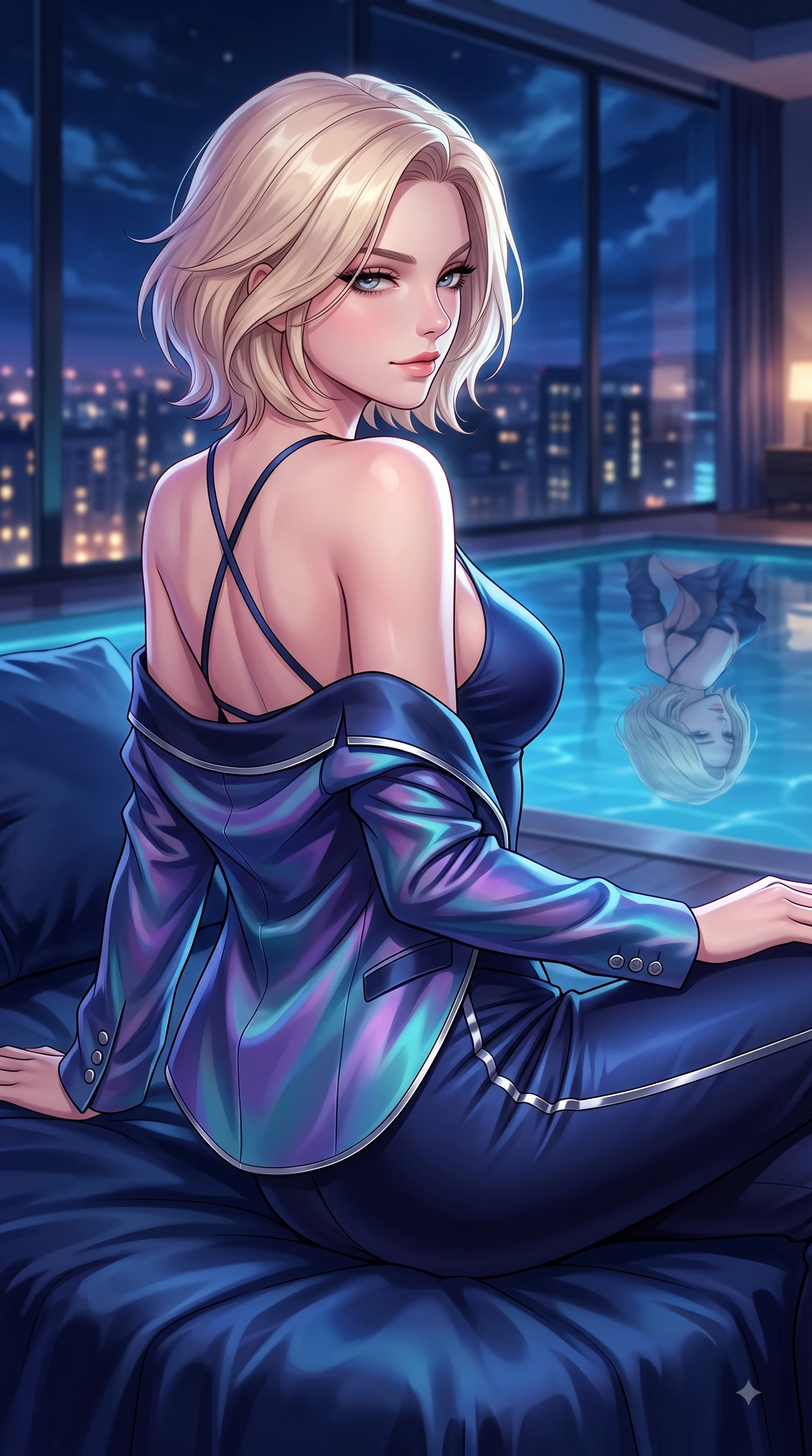 score_9, masterpiece, best quality, ultra-detailed, high-budget anime keyframe, editorial fashion photography, tasteful artistic composition, Caucasian woman. close-up cowboy shot from the waist and thighs up, the character dominates the composition, filling the frame with her large presence, background elements kept in soft focus. Casting a seductive sidelong gaze over her bare shoulder with heavy lashes and a composed half-smile while lounging in an alluring S-curve pose on a plush silk daybed in a penthouse over city lights, still pool water reflecting her statuesque figure and the dramatic night sky flawlessly. She has an exceptionally elegant, slender, and willowy female figure with an ultra-slim waist, a gracefully sculpted slender torso, and a refined silhouette. sharp v-shaped jawline, high-bridge nose, intricate jewel-like eyes with depth, thick eyelashes, glossy lips with a natural sheen, flawlessly proportioned anatomical accuracy, natural body alignment, perfectly sculpted elegant limbs, clean dynamic posture without body distortion. wearing a tailored silk blazer over a form-contouring scoop-neck top and slacks in midnight navy blue and chrome trim, crafted from iridescent chiffon that shifts colors in the light, complemented by criss-cross back straps highlighting her bare shoulders, the sleek second-skin texture accentuating her magnetic presence. surrounded by a cozy, intimate glow with smooth high-contrast stereoscopic depth. highly saturated vibrant anime colors, detailed shading with soft gradients, rich glossy textures, high-contrast stereoscopic depth, volumetric dynamic lighting, master piece, 9:16 ratio