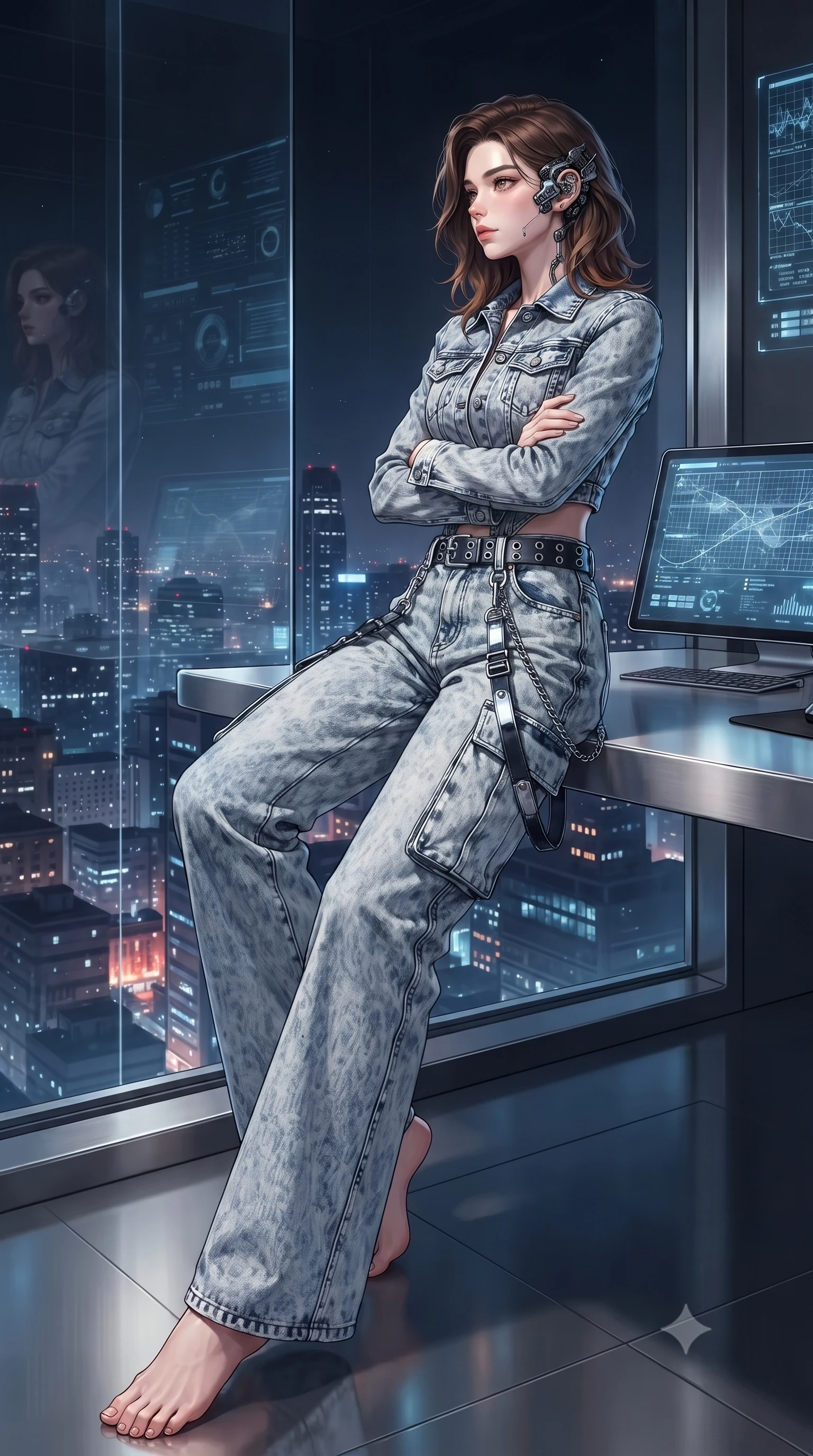 score_9, masterpiece, best quality, ultra-detailed, high-budget anime keyframe, editorial fashion photography, tasteful artistic composition, Korean woman. low angle full-body shot from head to toe showing her feet, filling the entire 9:16 vertical frame with her statuesque presence, stretching her vertical silhouette. striding forward in a proud, dynamic supermodel runway stride, her statuesque vertical silhouette commanding the entire frame while sitting on the edge of a floating chrome desk with arms folded loosely, gazing through the one-way panoramic glass into the night. The surrounding environment is rendered in vivid detail and crisp panoramic clarity. intricate cybernetic earpiece components, city street layouts visible 100 floors below, and telemetry grids in high clarity. She has an absolutely perfect, statuesque 8.5-heads proportion, an exceptionally tall and slender model-like female figure with impossibly long slender legs, a toned flat midriff, and an ultra-slim waist. sharp v-shaped jawline, high-bridge nose, intricate jewel-like eyes with depth, thick eyelashes, glossy lips with a natural sheen, captivating and magnetic expression, flawlessly proportioned anatomical accuracy, strict slender model proportions, natural body alignment, perfectly sculpted long slender limbs, ultra-slim waistline, clean dynamic posture without body distortion. wearing a deconstructed denim corseted crop jacket paired with high-waisted wide-leg utility jeans and a silver grommet belt in acid-wash light denim and dark chrome, tailored from distressed structured cotton denim with metallic thread, accented with hanging industrial clip straps and chrome chain links, the glove-like aerodynamic second-skin fit tightly clinging to her ultra-slender waist and athletic curves without adding bulk, accentuating her razor-sharp statuesque lines and slim hourglass silhouette. surrounded by a mastermind, elite, and dangerously seductive intelligence director aura. ultra-reflective glossy finish, specular highlights, rich textural contrasts, high-contrast stereoscopic depth, volumetric dynamic lighting, 2k, ultra detail, master piece, 9:16 ratio
