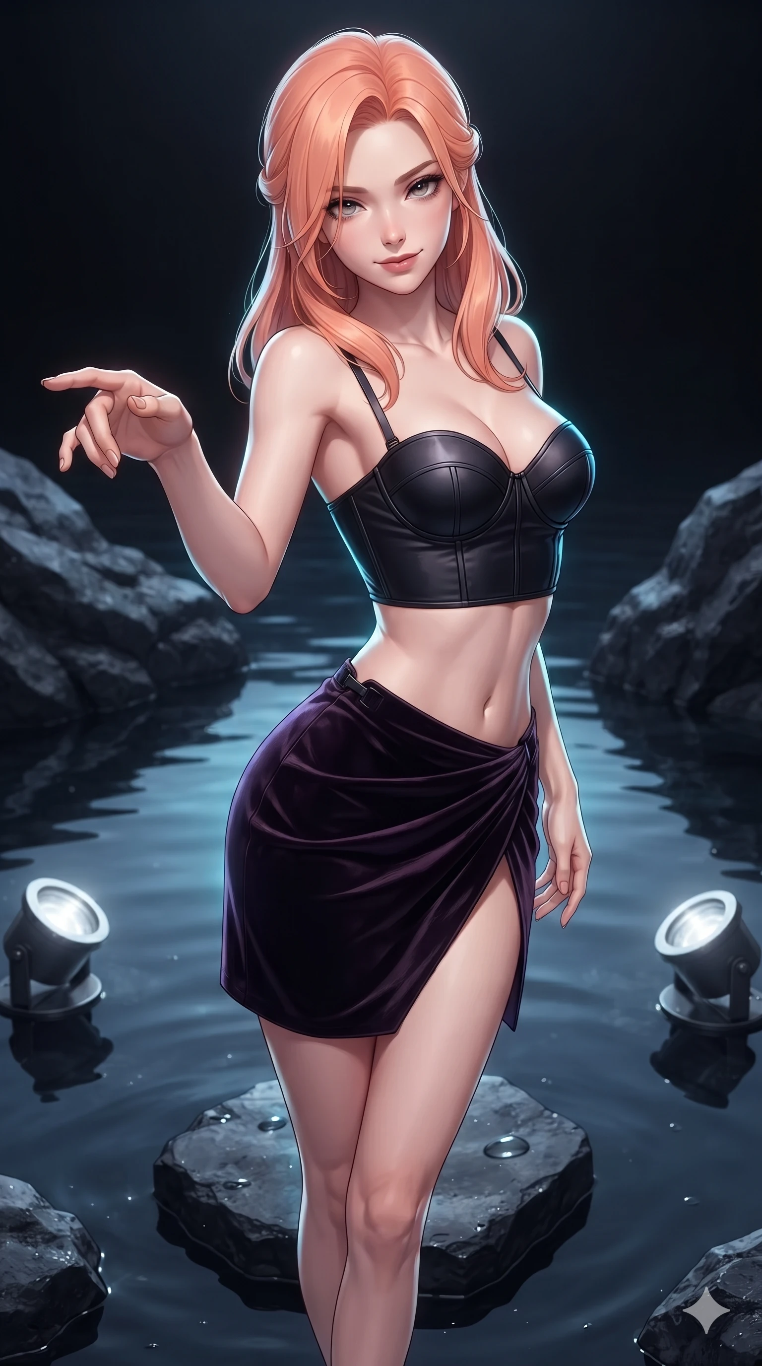 score_9, masterpiece, best quality, ultra-detailed, high-budget anime keyframe, editorial fashion photography, tasteful artistic composition, Japanese woman. close-up cowboy shot from the waist and thighs up, the character dominates the composition, filling the frame with her large presence. reaching one hand toward the viewer with relaxed dark elegance, her sculpted waistline catching specular highlights while standing poised on a floating obsidian stepping stone in the still reflecting pool, arching her lower back with sovereign supermodel grace. The surrounding environment is rendered in vivid detail and crisp panoramic clarity: sharp wet basalt rock grain, submerged stainless steel light housings, and pristine water surface reflections in deep focus. She has an exceptionally elegant, slender, and willowy female figure with an ultra-slim waist, flat toned midriff, narrow ribcage, and sculpted feminine hips creating an alluring, slim hourglass silhouette without bulk. sharp v-shaped jawline, high-bridge nose, intricate jewel-like dark sparkling eyes with hypnotic seductive depth, thick curled eyelashes, glossy parted lips with a natural wine sheen, alluring bedroom-eyes with an enigmatic smoldering smile, exuding magnetic sovereign charisma and dark avant-garde glamour, flawlessly proportioned anatomical accuracy, strict slender model proportions, natural body alignment, perfectly sculpted long slender limbs, ultra-slim waistline, clean dynamic posture without body distortion. wearing a structured underwire leather bustier top paired with an ultra-short draped wrap mini skirt in obsidian black and dark plum violet, tailored from crushed dark velvet with deep light-absorbing plush texture, adorned with minimalist black onyx hardware framing the silhouette, the high-slit wrap tailoring accentuating her ultra-slim waistline and the enchanting curve of her feminine hips with alluring seductive charm. illuminated by water reflection upward bounce and sharp electric-cyan rim lights defining her razor-sharp jawline, narrow waist, and curvy hips. ultra-reflective glossy finish, specular highlights, metallic sheen, high-contrast stereoscopic depth, volumetric dynamic lighting, 2k, ultra detail, master piece, 9:16 ratio