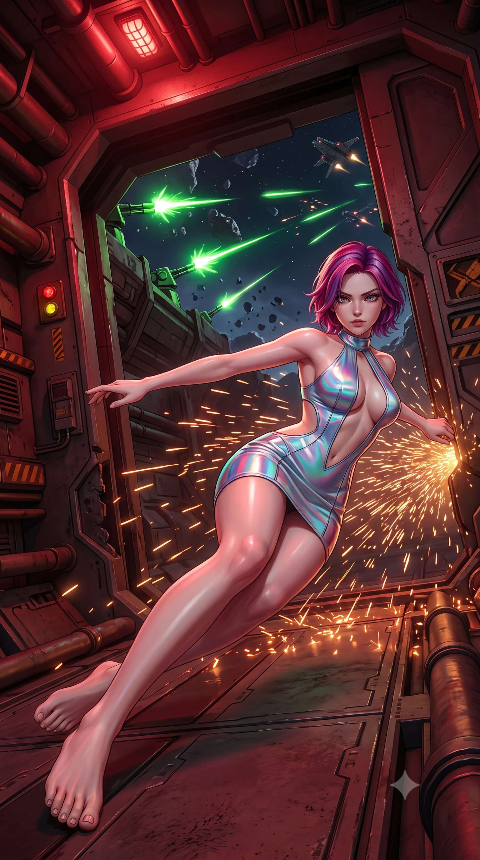 score_9, masterpiece, best quality, ultra-detailed, high-budget anime keyframe, editorial fashion photography, tasteful artistic composition, Caucasian woman, strictly human ears. low angle full-body shot from head to toe showing her feet, filling the entire 9:16 vertical frame with her statuesque presence, stretching her vertical silhouette. sliding underneath a closing blast door in a sleek combat stance with sparks flying around her inside a trench on an asteroid fortress, defensive laser turrets firing green bolts at attacking ships in the sky. She has a statuesque 8.5-heads proportion, an exceptionally tall, slender and willowy model-like build with impossibly long legs and a highly sculpted ultra-slim waist. sharp v-shaped jawline, high-bridge nose, intricate jewel-like eyes with depth, thick eyelashes, glossy lips with a natural sheen. wearing tailored for maximum mobility, sleek form-contouring panels that allow fluid movement, a tailored holographic silver mini dress featuring a dramatic open-waist cutout and a plunging asymmetric halter neck, highlighting her slender waist. highly saturated vibrant anime colors, intense vivid color palette, soft 3D volumetric shading, volumetric dynamic lighting, deep crimson theatrical lighting with sharp specular highlights on every curve. 2k, ultra detail, master piece, 9:16 ratio