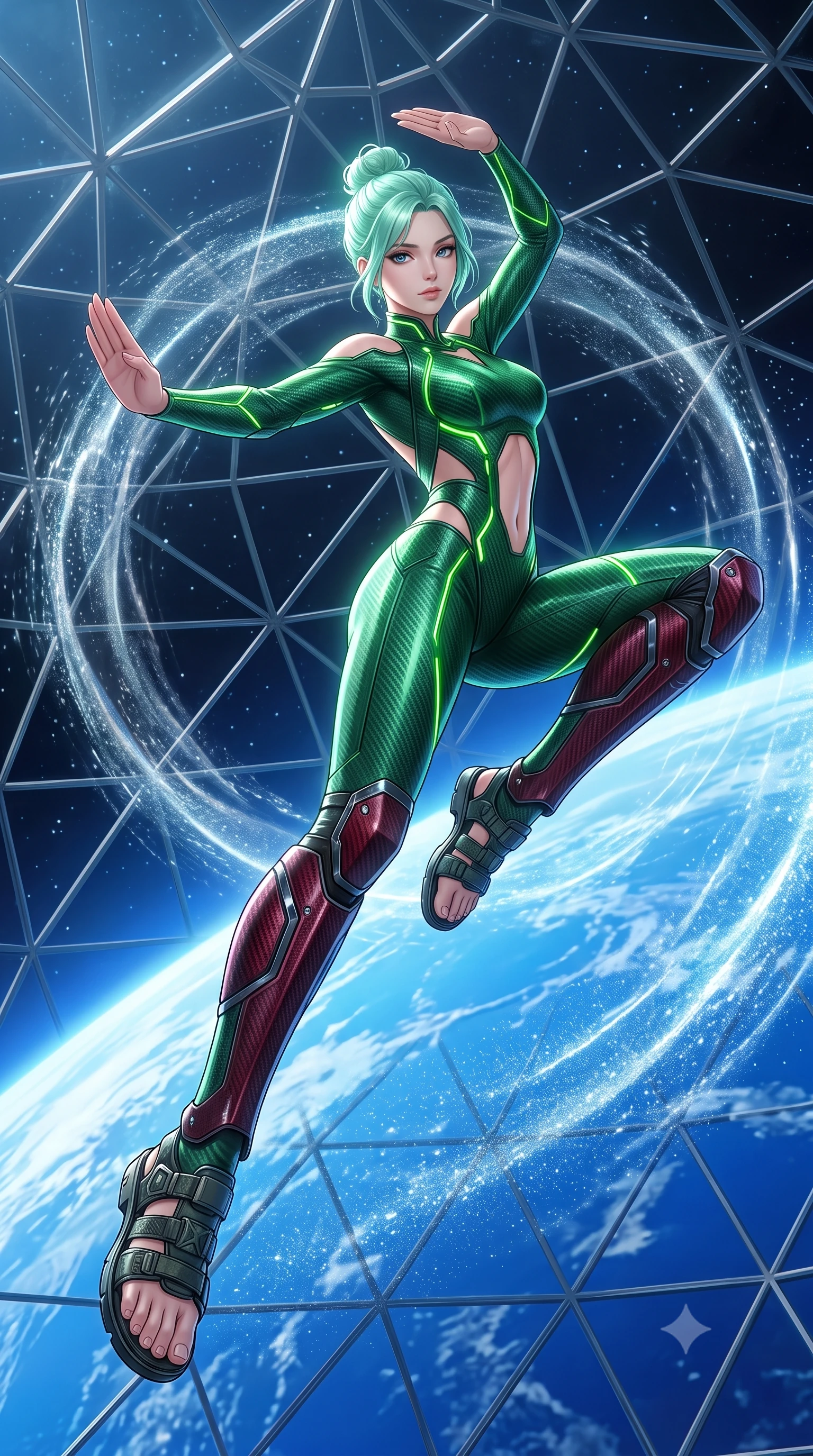 score_9, masterpiece, best quality, ultra-detailed, high-budget anime keyframe, semi-realistic 3D game render, editorial fashion photography, tasteful artistic composition, Japanese woman. low angle full-body shot from head to toe showing her feet, filling the entire 9:16 vertical frame with her statuesque presence, stretching her vertical silhouette. leaping into mid-air with an athletic yet alluring arch of her spine, driving a downward kinetic strike surrounded by a ring of displaced air while floating in zero-gravity inside a soaring glass dome dojo overlooking the brilliant blue curvature of Earth while striking a serene martial arts pose. The surrounding environment is rendered in vivid detail and crisp panoramic clarity. detailed glass dome geometric lattices, zero-G particle distortion ripples, and starry void in high clarity. She has an absolutely perfect, statuesque 8.5-heads proportion, an exceptionally tall and slender model-like female figure with impossibly long slender legs, a toned flat midriff, and an ultra-slim waist. sharp v-shaped jawline, high-bridge nose, intricate jewel-like eyes with depth, thick eyelashes, glossy lips with a natural sheen, flawlessly proportioned anatomical accuracy, strict slender model proportions, natural body alignment, perfectly sculpted long slender limbs, ultra-slim waistline, clean dynamic posture without body distortion. wearing a tailored emerald-green carbon-fiber tactical jumpsuit with glowing lime LED channels, open cowl back, and reinforced combat shin-guards in deep crimson carbon weave with specular dark chrome accents, crafted from semi-translucent cybernetic carbon-vinyl interwoven with glowing micro-filaments, featuring a sleek aerodynamic collar framed by subtle glowing cybernetic status LEDs, the precision-cut daring openings accentuating her delicate midriff, graceful bare collarbones, and ultra-slim feminine waistline. illuminated by crisp white key light and sharp specular highlights tracing her ultra-slim waist and long legs. rich saturated anime colors with glowing neon highlights, detailed shading with soft gradients, rich glossy textures, high-contrast stereoscopic depth, volumetric dynamic lighting, master piece, 9:16 ratio
