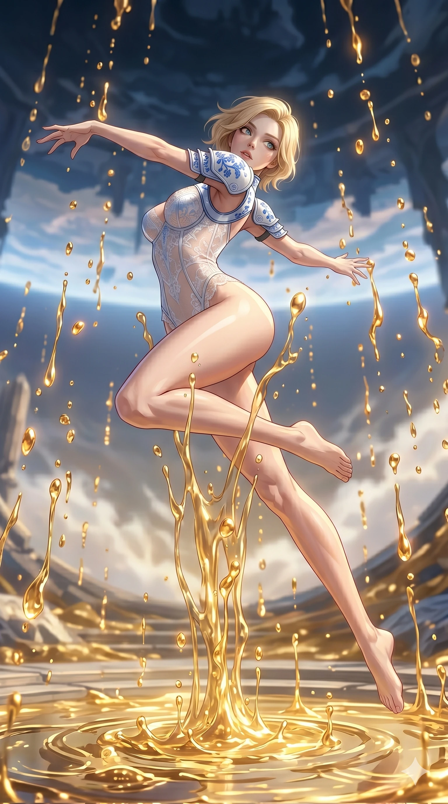 score_9, masterpiece, best quality, ultra-detailed, high-budget anime keyframe, Caucasian woman, strictly human ears. low angle full-body shot filling the entire 9:16 frame with her statuesque presence, stretching the vertical silhouette. dodging ethereal liquid gold rain that rises upward from the ground in warm shimmering droplets under an inverted gravity field. She has an absolutely perfect 8-heads proportion, an exceptionally tall and slender female figure with impossibly long slender legs and an ultra-slim waist. V-shaped jawline, high-bridge nose, intricate jewel-like eyes with depth, thick eyelashes, glossy lips with a natural sheen.. wearing a porcelain and lace armor fusion, featuring a white hard shoulder plate with blue porcelain patterns and a sheer white lace corset bodysuit with an alluring high-leg cut. accented by dynamic color-blocked lighting with high-contrast shadows emphasizing her statuesque height. 2k, ultra detail, master piece, 9:16 ratio