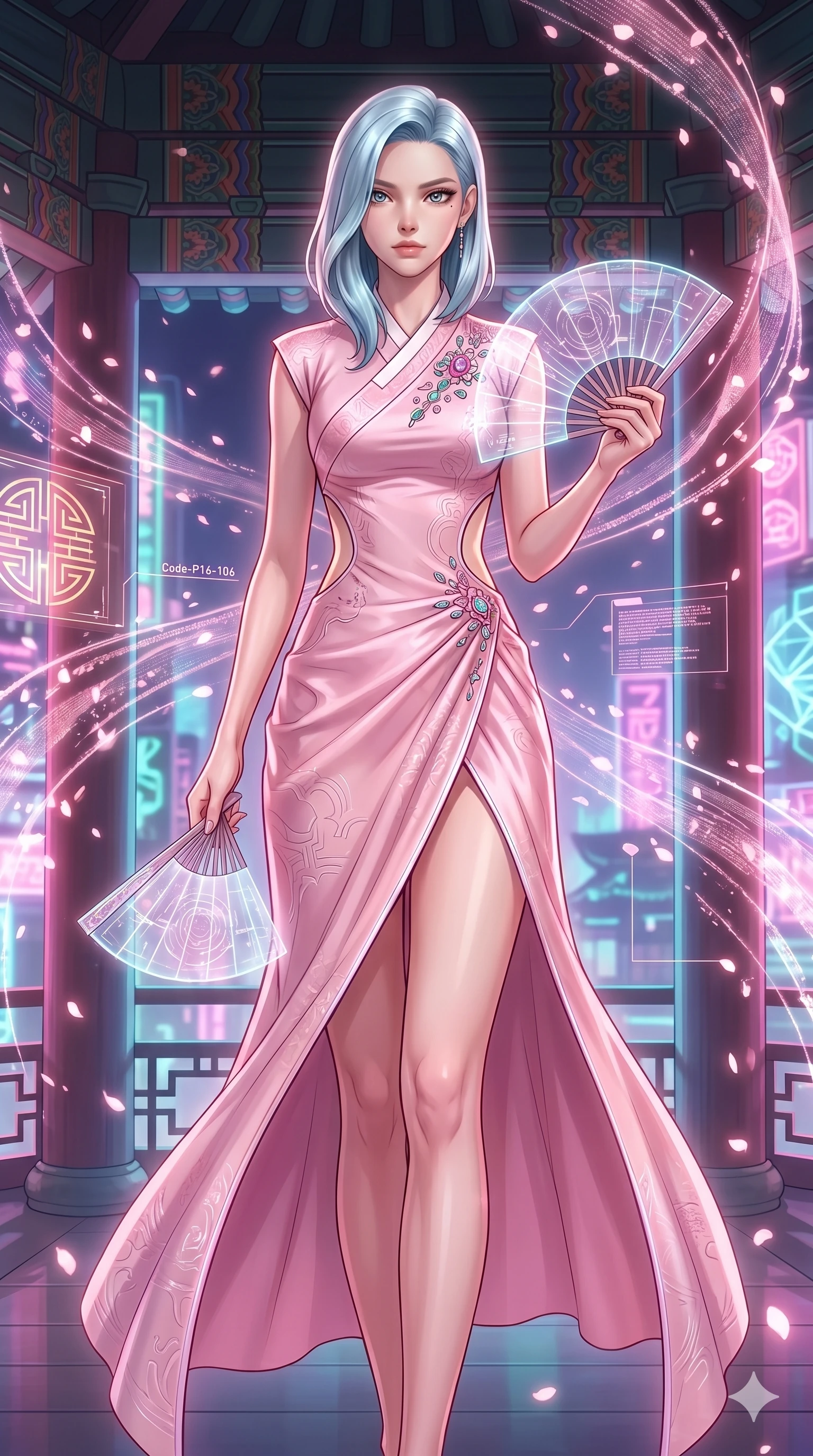 score_9, masterpiece, best quality, ultra-detailed, high-budget anime keyframe, editorial fashion photography, tasteful artistic composition, Korean woman. cowboy shot from the thighs up, character and outfit filling the frame for maximum editorial presence. holding a transparent hand-fan, looking directly into the camera with quiet self-assurance inside a glowing cyber-hanbok pavilion with digital sakura blizzard (Code-P16-106). She has an absolutely perfect 8-heads proportion, an exceptionally tall and slender female figure with impossibly long slender legs and an ultra-slim waist. V-shaped jawline, high-bridge nose, intricate jewel-like eyes with depth, thick eyelashes, glossy lips with a natural sheen. wearing a modern fusion pink silk hanbok dress with side cutouts and a high-slit wrap skirt. soft pink glow from the digital sakura petals, casting organic shadows and a warm aura. 2k, ultra detail, master piece, 9:16 ratio