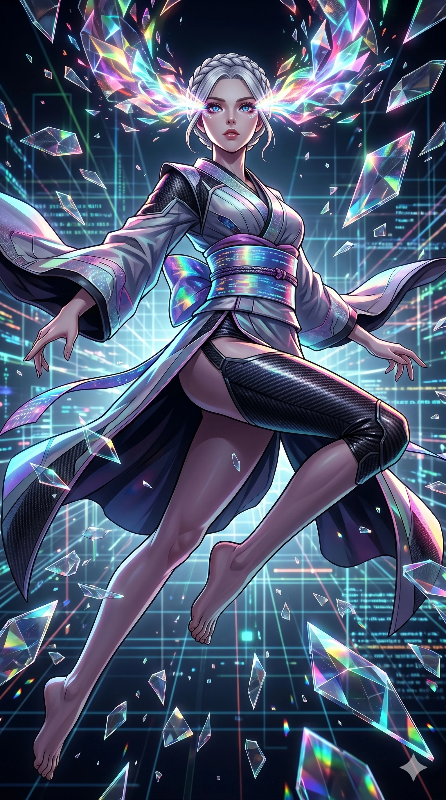 score_9, masterpiece, best quality, ultra-detailed, Set A: High-budget Anime Keyframe, Korean woman. Low angle cowboy shot filling the entire 9:16 frame with her statuesque presence. Leaping through a virtual reality void, while her eyes glow with 150 different colors and surrounded by shattered glass fragments. She has an absolutely perfect 8-heads proportion, an exceptionally tall and slender female figure with impossibly long slender legs and an ultra-slim waist. Sharp v-shaped jawline, high-bridge nose, intricate jewel-like eyes with depth, thick eyelashes, glossy lips with a natural sheen. Wearing Tech-kimono with a wide holographic obi and side-slit carbon-fiber leg guards. Cinematic lighting, vibrant colors, dramatic shadows, 2k, ultra detail, master piece, 9:16 ratio