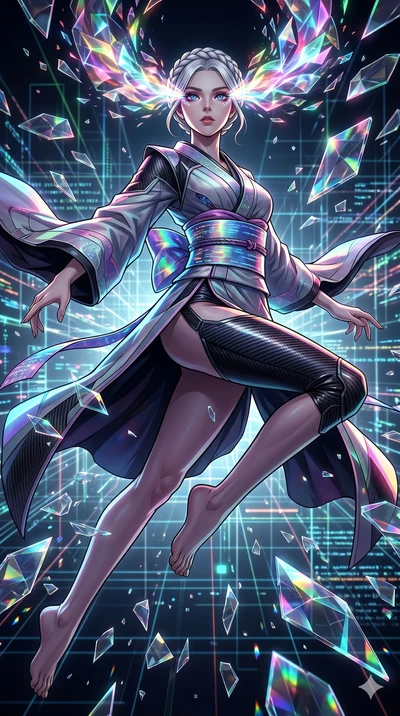 score_9, masterpiece, best quality, ultra-detailed, Set A: High-budget Anime Keyframe, Korean woman. Low angle cowboy shot filling the entire 9:16 frame with her statuesque presence. Leaping through a virtual reality void, while her eyes glow with 15