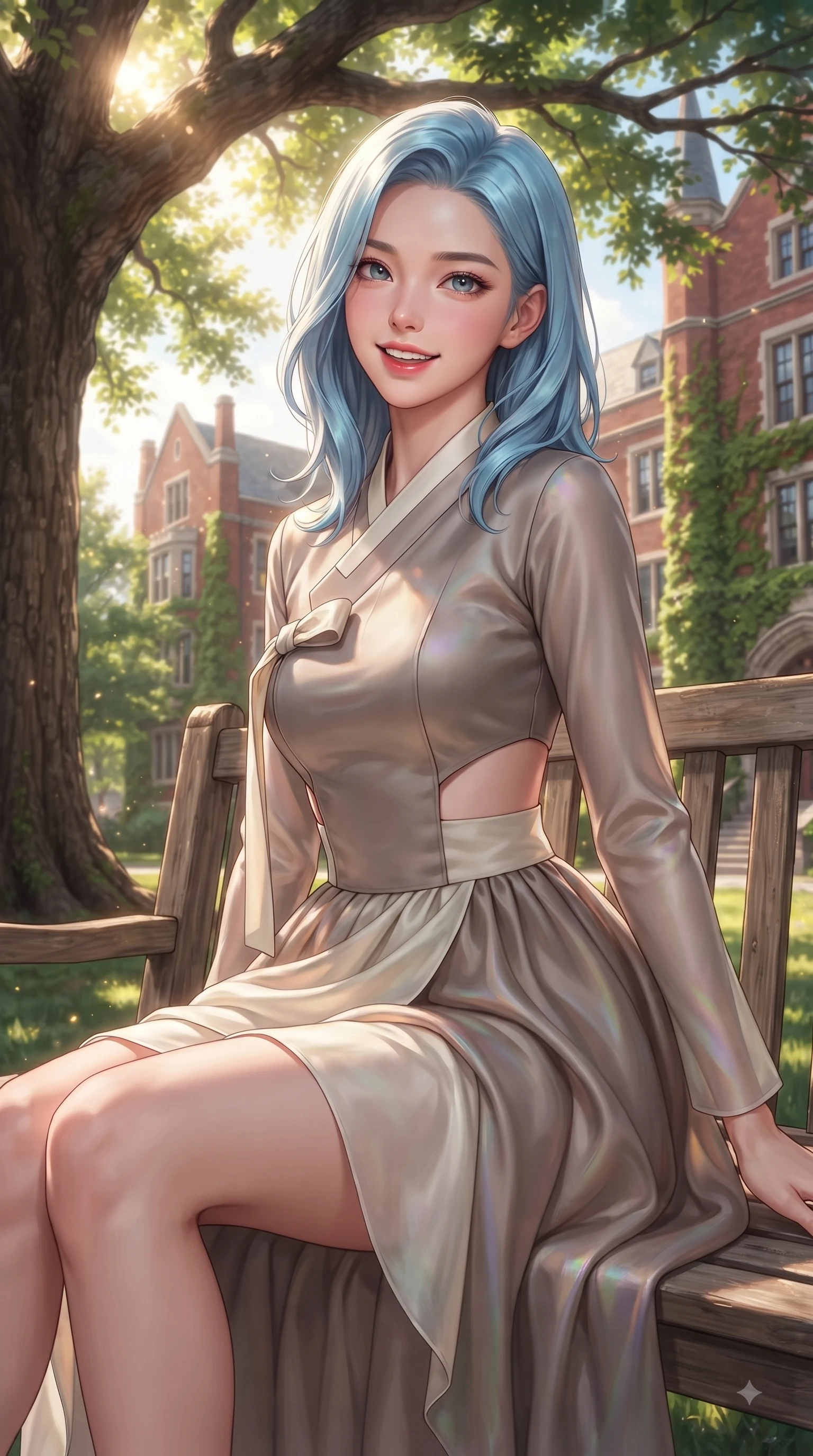 score_9, masterpiece, best quality, ultra-detailed, high-budget anime keyframe, editorial fashion photography, tasteful artistic composition, Korean woman. close-up cowboy shot from the waist and thighs up, the character dominates the composition, filling the frame with her large presence, background elements kept in soft focus. Playful cute expression with a warm smile and parted lips, looking right into the camera with vibrant energy while sitting gracefully on a wooden bench under a towering oak tree on a sunlit college campus, red-brick Gothic university architecture covered in green ivy reflecting warm sunbeams. She has an exceptionally elegant, slender, and willowy female figure with an ultra-slim waist, a gracefully sculpted slender torso, and a refined silhouette. sharp v-shaped jawline, high-bridge nose, intricate jewel-like eyes with depth, thick eyelashes, glossy lips with a natural sheen, flawlessly proportioned anatomical accuracy, natural body alignment, perfectly sculpted elegant limbs, clean dynamic posture without body distortion. wearing a modern fusion silk hanbok dress with a structured bodice and flowing skirt in muted taupe and soft ivory, crafted from iridescent chiffon that shifts colors in the light, featuring clean architectural cutouts along her slender torso, the glove-like fit emphasizing her statuesque silhouette during motion. bathed in brilliant sunny morning light filtering through oak tree canopies. ultra-reflective glossy finish, specular highlights, metallic sheen, high-contrast stereoscopic depth, volumetric dynamic lighting, 2k, ultra detail, master piece, 9:16 ratio