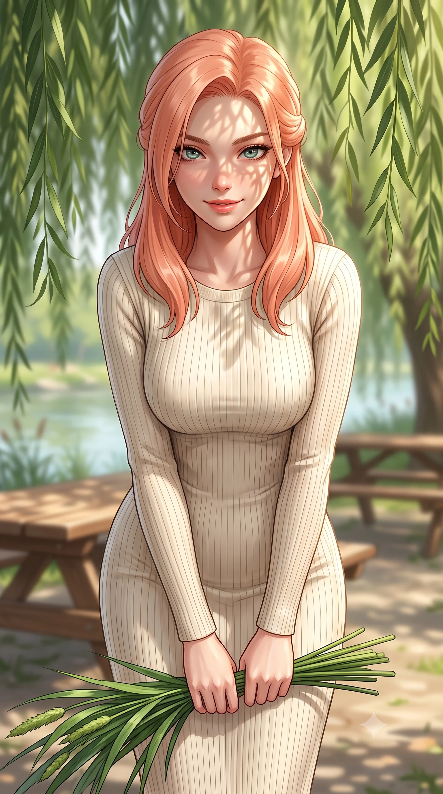 score_9, masterpiece, best quality, ultra-detailed, high-budget anime keyframe, editorial fashion photography, tasteful artistic composition, Japanese woman. close-up cowboy shot from the waist and thighs up, the character dominates the composition, filling the frame with her large presence, background elements kept in soft focus. leaning slightly forward with a playful, sultry smile that holds direct, intense eye contact set against a soft-focus background of at a riverside picnic area with wooden tables under weeping willow trees holding a bunch of fresh river reeds with a happy, cute expression. She has an exceptionally elegant, slender, and willowy female figure with an ultra-slim waist, a gracefully sculpted slender torso, and a refined silhouette. sharp v-shaped jawline, high-bridge nose, intricate jewel-like eyes with depth, thick eyelashes, glossy lips with a natural sheen. wearing tailored form-fitting ribbed knit dress in cream, contouring her slender silhouette. dappled sunlight filtering through the weeping willow leaves onto her face. ultra-reflective glossy finish, specular highlights, metallic sheen, high-contrast stereoscopic depth, volumetric dynamic lighting, 2k, ultra detail, master piece, 9:16 ratio