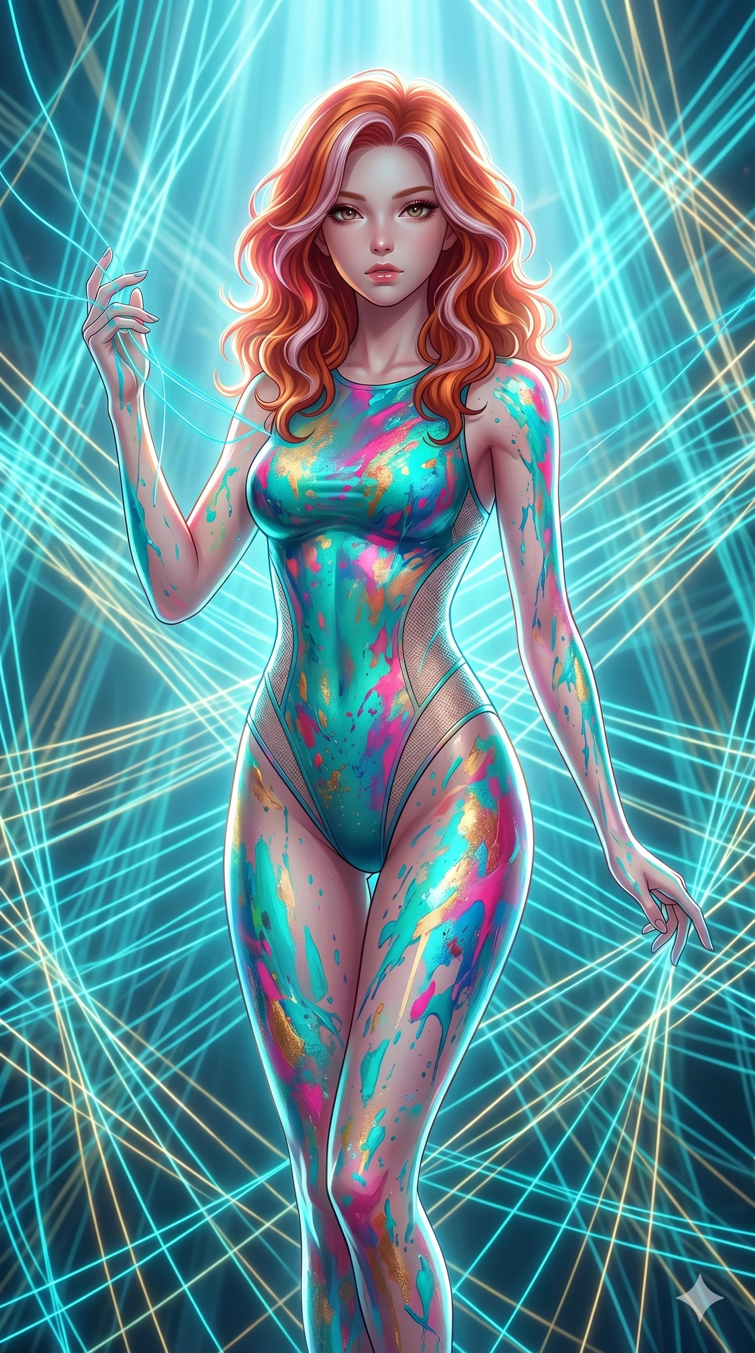 score_9, masterpiece, best quality, ultra-detailed, high-budget anime keyframe, Japanese woman. upper body close-up from the thighs up, character filling the screen for maximum presence. floating suspended in an ethereal loom room where millions of luminescent cyan and gold threads intersect and weave geometric patterns. She has an absolutely perfect 8-heads proportion, an exceptionally tall and slender female figure with impossibly long slender legs and an ultra-slim waist. V-shaped jawline, high-bridge nose, intricate jewel-like eyes with depth, thick eyelashes, glossy lips with a natural sheen.. wearing a liquid acrylic splash bodysuit, featuring a skin-tight bodysuit that looks like vivid fluorescent acrylic paint splattered and dried, with sheer mesh side panels. bathed in brilliant cinematic volumetric lighting and intense neon rim light highlighting her slender form. 2k, ultra detail, master piece, 9:16 ratio