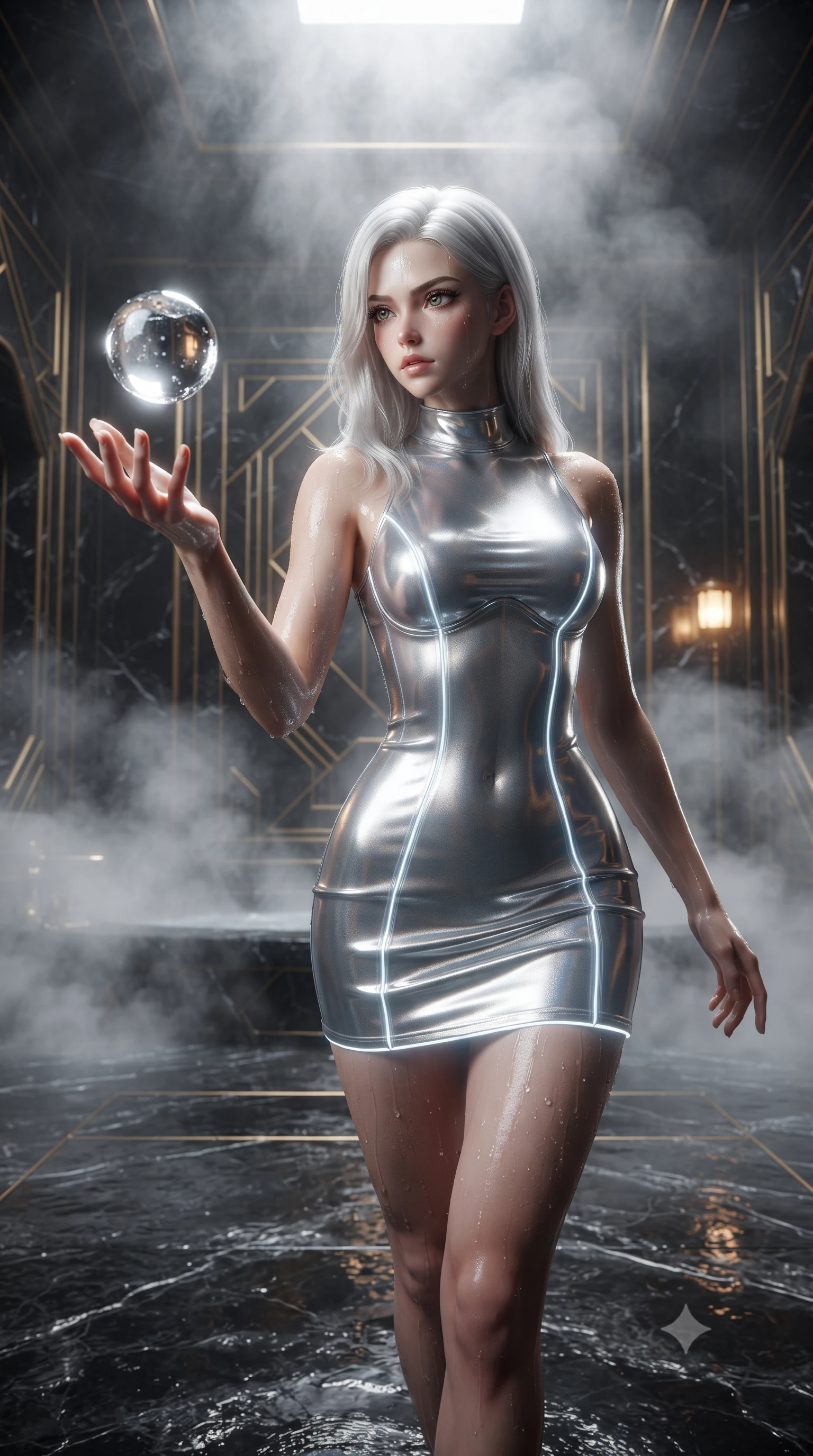 score_9, masterpiece, best quality, ultra-detailed, High-budget Anime Keyframe, editorial fashion photography, tasteful artistic composition, realistic cosplay photography, Caucasian woman, strictly human ears. Low angle cowboy shot filling the entire 9:16 frame with her statuesque presence. Scenario 473: reaching out to catch a floating sphere of liquid light in a steam-filled bathhouse built of black obsidian stone and gold accents. Her presence is magnetic and overpowering in this high-budget cinematic scene. Outfit 473: a tailored liquid silver shimmering chiffon corset dress featuring a refined mock-neck collar and glowing LED seams. The clothing is designed to emphasize her exceptionally tall and slender 8-heads proportion. 8-heads proportion, towering silhouette, ultra-slim waist. sharp v-shaped jawline, intricate jewel-like eyes with depth, thick eyelashes, glossy lips. ultra-reflective glossy finish, specular highlights, metallic sheen, high-contrast stereoscopic depth, volumetric dynamic lighting, 2k, ultra detail, master piece, 9:16 ratio