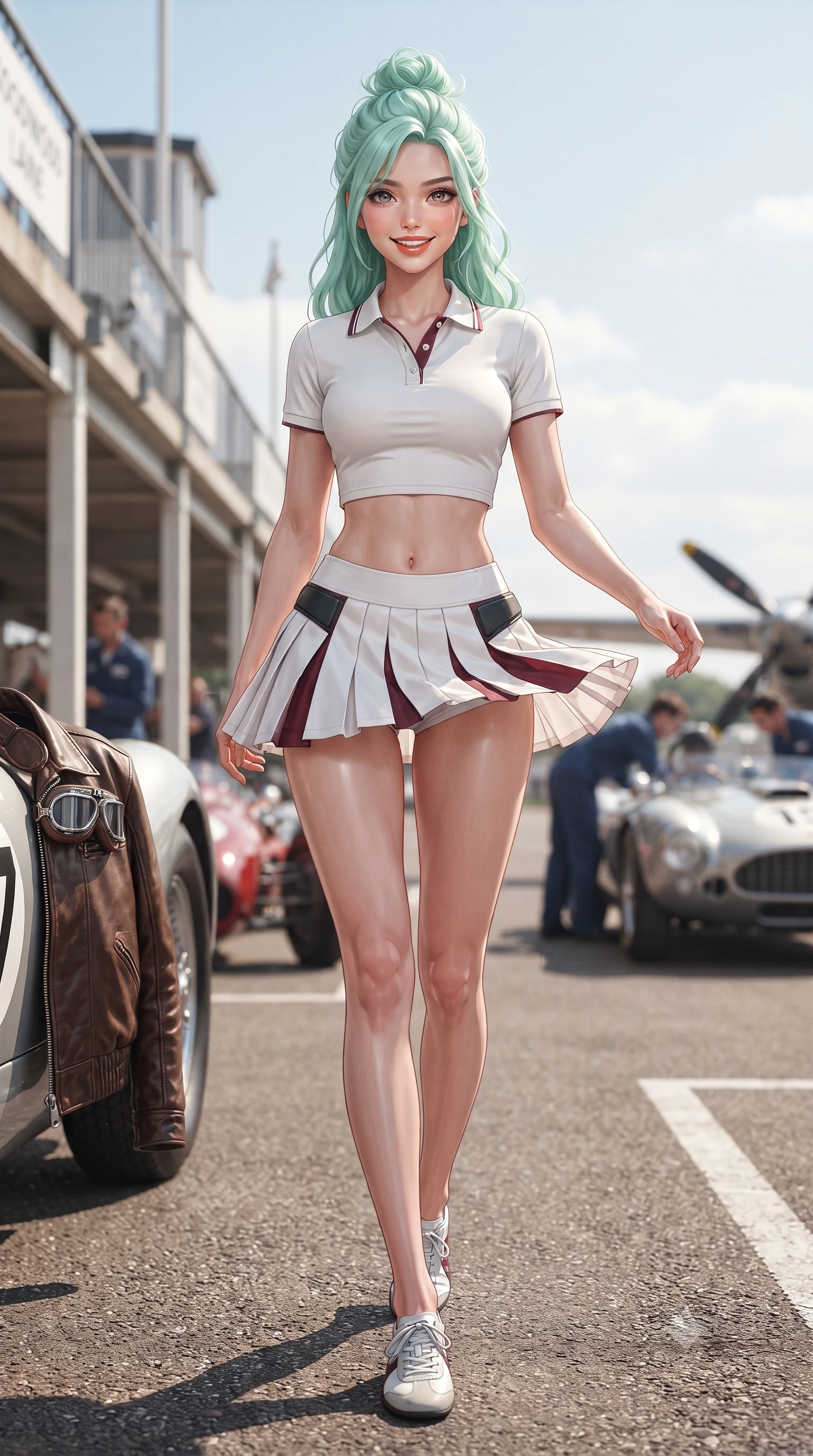 score_9, masterpiece, best quality, ultra-detailed, high-budget anime keyframe, editorial fashion photography, tasteful artistic composition, Japanese woman. low angle full-body shot from head to toe showing her feet, filling the entire 9:16 vertical frame with her statuesque presence, stretching her vertical silhouette. stepping forward gracefully across the paddock tarmac in mid-motion with a radiant beaming smile, hips swaying in an alluring kinetic rhythm that accentuates her curvy hourglass silhouette and long slender legs while twisting her slender torso in an alluring S-curve in the paddock lane, warm propeller plane slipstreams fluttering her pleated skirt around her hips. The surrounding environment is rendered in vivid detail and crisp panoramic clarity: detailed leather racing jacket grain, goggles lens clarity, and authentic Goodwood circuit architecture in high resolution. She has an absolutely perfect, statuesque 8.5-heads proportion, an exceptionally tall and slender model-like female figure with impossibly long slender legs, an ultra-slim waist, a flat toned midriff, narrow delicate ribcage, and beautifully sculpted feminine hips creating a graceful, slim hourglass silhouette without any bulky heaviness. sharp v-shaped jawline, high-bridge nose, sparkling eyes with athletic focus and depth, thick curled eyelashes, glossy parted lips with a natural coral-peach sheen, bright confident and coquettish smile with alluring bedroom-eyes, exuding both youthful sporty vigor and sovereign high-society glamour, flawlessly proportioned anatomical accuracy, strict slender model proportions, natural body alignment, perfectly sculpted long slender limbs, ultra-slim waistline, clean dynamic posture without body distortion. wearing a sleek piqué-knit tennis polo crop top with contrasting collar piping paired with low-rise white racing hot-pants in rich burgundy wine and crisp court white, tailored from crisp cotton poplin with clean aerodynamic structural lines, accented with sleek aerodynamic carbon-fiber hip pads framing her narrow waist, the glove-like aerodynamic silhouette tightly following the natural contour of her hips and long slender legs with youthful 8.5-heads elegance. illuminated by polished aluminum car reflections and sharp golden rim lights sculpting her razor-sharp jawline, narrow waist, and curvy hips. ultra-reflective glossy finish, specular highlights, rich textural contrasts, high-contrast stereoscopic depth, volumetric dynamic lighting, 2k, ultra detail, master piece, 9:16 ratio