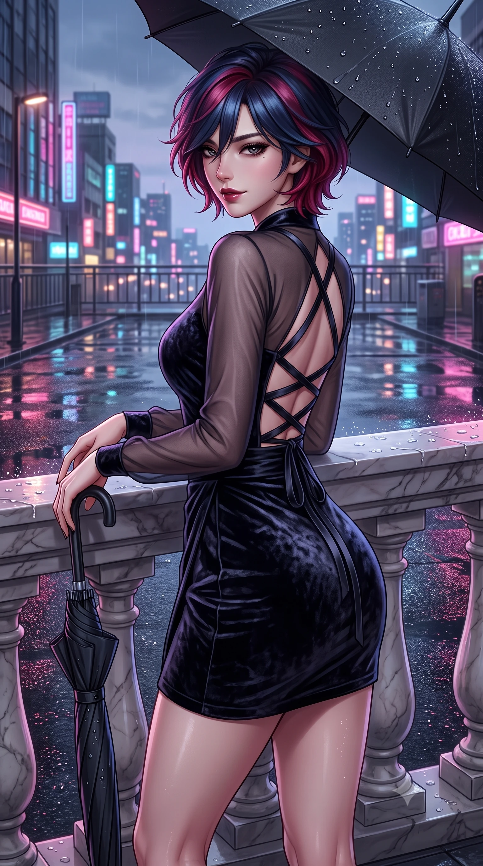 score_9, masterpiece, best quality, ultra-detailed, high-budget anime keyframe, semi-realistic 3D game render, editorial fashion photography, tasteful artistic composition, Korean woman. close-up cowboy shot from the waist and thighs up, the character dominates the composition, filling the frame with her large presence. resting one elbow on the marble balustrade while arching her spine with dancer poise, her dark bedroom-eyes casting a magnetic sidelong glance while resting one hand on the umbrella handle while turning in an alluring contrapposto stance, her smoldering bedroom-eyes holding the lens with magnetic intensity. The surrounding environment is rendered in vivid detail and crisp panoramic clarity. sharp rain droplet beads on the black vinyl umbrella, asphalt texture glisten, and neon glass tube clarity in deep focus. She has an exceptionally elegant, slender, and willowy female figure with an ultra-slim waist, flat toned midriff, narrow ribcage, and sculpted feminine hips creating an alluring, slim hourglass silhouette without bulk. sharp v-shaped jawline, high-bridge nose, intricate jewel-like dark sparkling eyes with dangerous depth, thick curled eyelashes, glossy parted lips with a rich wine sheen, smoldering seductive half-smile with bedroom-eyes, exuding effortless superiority and intoxicating dark allure, flawlessly proportioned anatomical accuracy, strict slender model proportions, natural body alignment, perfectly sculpted long slender limbs, ultra-slim waistline, clean dynamic posture without body distortion. wearing a modern fusion dark hanbok mini dress with a sheer silk organza jeogori and high-waisted velvet wrap skirt in pure obsidian monochrome with subtle metallic sheen, tailored from crushed dark velvet with deep light-absorbing plush texture, featuring a dramatic criss-cross satin back lacing tracing her slender spine, the form-fitting cut adhering flawlessly to her sculpted flat midriff and slender torso, emphasizing her long leg lines and perfectly proportioned willowy build. illuminated by wet ground specular reflections accentuating her sculpted collarbones, ultra-slim waist, and curvy hips. highly saturated vibrant anime colors, detailed shading with soft gradients, rich glossy textures, high-contrast stereoscopic depth, volumetric dynamic lighting, master piece, 9:16 ratio