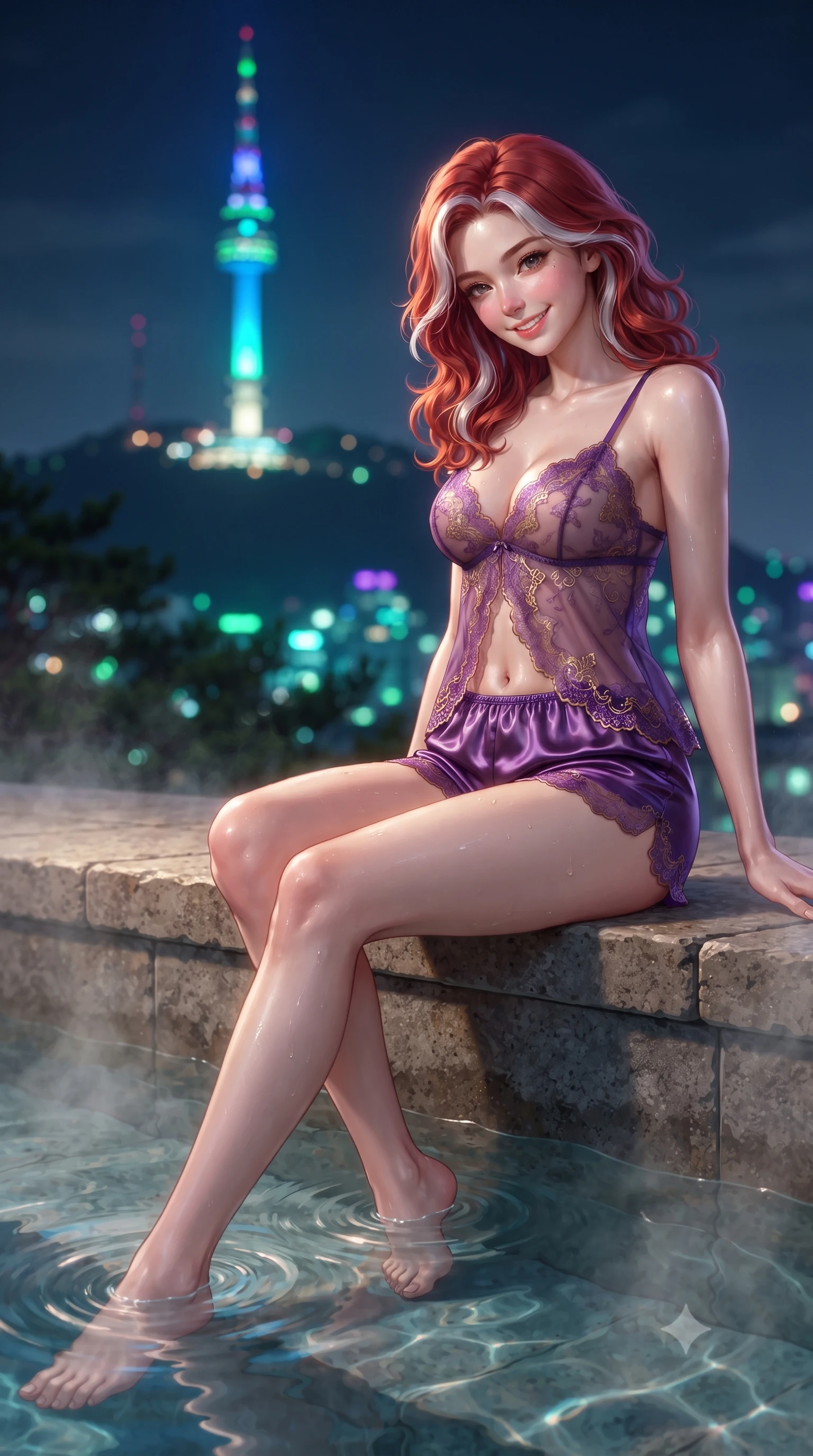 score_9, masterpiece, best quality, ultra-detailed, high-budget anime keyframe, editorial fashion photography, tasteful artistic composition, Caucasian woman. low angle full-body shot from head to toe showing her feet, filling the entire 9:16 vertical frame with her statuesque presence, stretching her vertical silhouette. stepping slowly toward the camera with hypnotic grace, hips swaying in an alluring sensual rhythm that accentuates her curvy hourglass silhouette and long slender legs while sitting perched on the deck edge with legs dipped in thermal water, flashing a radiant, playful smile with parted glossy lips. The background shows a soft-focus iconic glowing blue-and-green beacon of N Seoul Tower atop Namsan mountain, moonlit pine canopies, and distant city lights blurred into emerald, turquoise, and violet bokeh. She has an exceptionally tall and slender model-like 8.5-heads proportion, an ultra-slim waist, a flat toned midriff, narrow delicate ribcage, and beautifully sculpted feminine hips creating a graceful, slim hourglass silhouette without any bulky heaviness, with impossibly long slender legs. sharp v-shaped jawline, high-bridge nose, intricate jewel-like sparkling eyes with depth, thick eyelashes, glossy parted lips with a natural peach sheen, bright cheerful beaming smile with an enchanting and coquettish sensual glint, exuding both youthful cute charm and seductive allure, flawlessly proportioned anatomical accuracy, strict slender model proportions, natural body alignment, perfectly sculpted long slender limbs, ultra-slim waistline, clean dynamic posture without body distortion. wearing a delicate sheer lace babydoll camisole paired with matching satin tap pants with scalloped lace trim in rich royal amethyst purple and gilded filigree, crafted from fluid liquid silk satin that clings smoothly to her narrow waist and rounded hips with a dewy sheen, finished with scalloped eyelash lace trim framing her sweetheart neckline with intimate elegance, the glove-like clinging cut tightly following the natural contour of her hips and long slender legs with youthful 8.5-heads elegance. illuminated by thermal pool surface caustics and sharp pearlescent rim lights sculpting her jawline, narrow waist, and curvy hips. ultra-reflective glossy finish, specular highlights, rich textural contrasts, high-contrast stereoscopic depth, volumetric dynamic lighting, 2k, ultra detail, master piece, 9:16 ratio