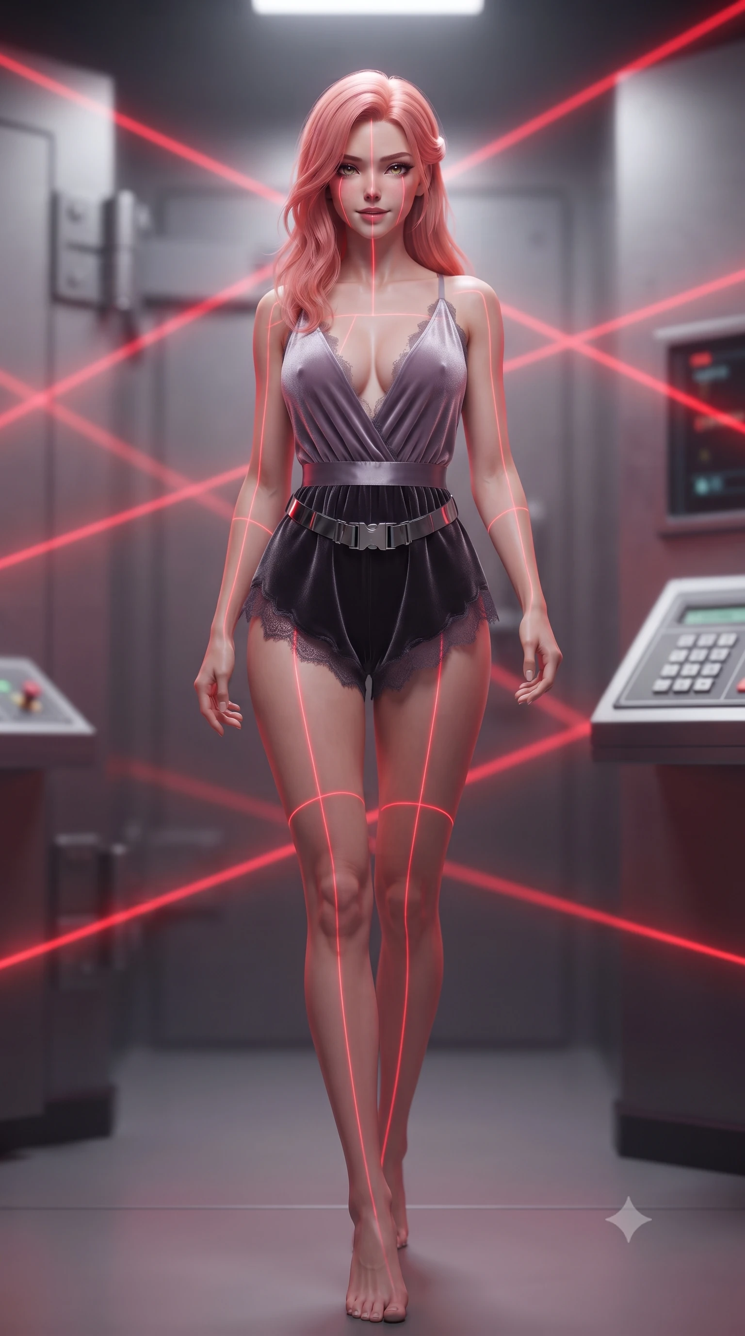 score_9, masterpiece, best quality, ultra-detailed, high-budget anime keyframe, editorial fashion photography, tasteful artistic composition, Japanese woman. low angle full-body shot from head to toe showing her feet, filling the entire 9:16 vertical frame with her statuesque presence, stretching her vertical silhouette. stepping slowly toward the camera with hypnotic grace, hips swaying in an alluring sensual rhythm that accentuates her curvy hourglass silhouette and long slender legs while twisting her slender torso in an alluring contrapposto stance, crimson security lasers painting glowing geometric lines across her curves. The background shows a soft-focus criss-crossing red laser beams, heavy vault hinges, and high-tech keypad consoles blurred into ruby, charcoal, and platinum bokeh. She has an absolutely perfect, statuesque 8.5-heads proportion, an exceptionally tall and slender model-like female figure with impossibly long slender legs, an ultra-slim waist, a flat toned midriff, narrow delicate ribcage, and beautifully sculpted feminine hips creating a graceful, slim hourglass silhouette without any bulky heaviness. sharp v-shaped jawline, high-bridge nose, sparkling eyes with hypnotic seductive depth, thick curled eyelashes, glossy parted lips with a natural dewy peach sheen, alluring bedroom-eyes with an enchanting coquettish smile, exuding magnetic siren charisma and sophisticated glamour, flawlessly proportioned anatomical accuracy, strict slender model proportions, natural body alignment, perfectly sculpted long slender limbs, ultra-slim waistline, clean dynamic posture without body distortion. wearing a deep V-neck silk satin ballerina romper with scalloped eyelash-lace hems and a cinched satin waist ribbon in dusky lavender mist and dark charcoal velvet, tailored from ultra-plush velvet with rich tactile depth and deep shadow gradients, accented with a quick-release tactical chrome buckle harness resting snugly across her hips, the second-skin tailored fabric adhering flawlessly to her sculpted flat midriff and slender torso, emphasizing her long leg lines and perfectly proportioned willowy build. illuminated by security console backlights and sharp red-and-white rim lighting sculpting her razor-sharp jawline, narrow waist, and curvy hips. ultra-reflective glossy finish, specular highlights, rich textural contrasts, high-contrast stereoscopic depth, volumetric dynamic lighting, 2k, ultra detail, master piece, 9:16 ratio