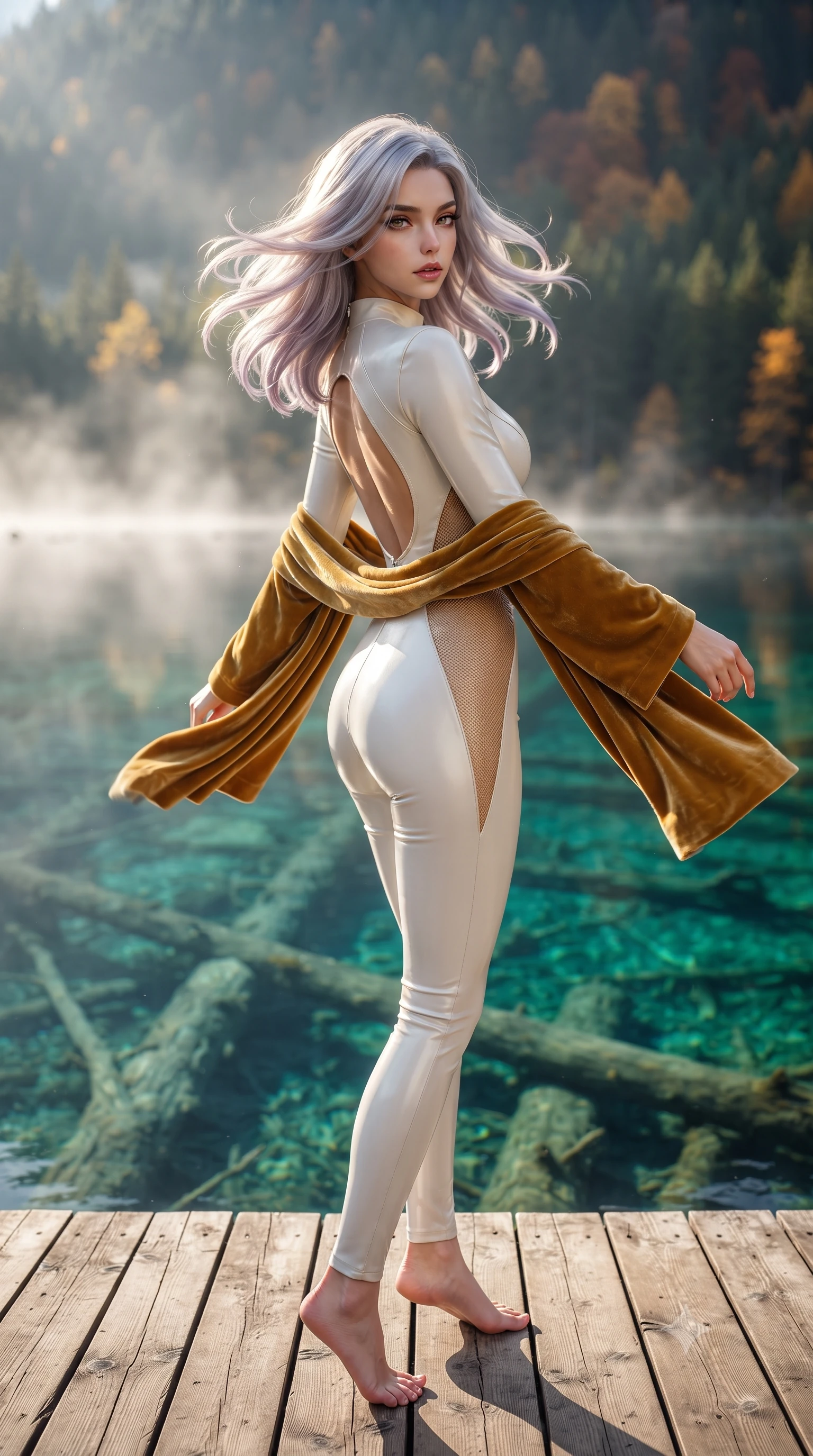 score_9, masterpiece, best quality, ultra-detailed, high-budget anime keyframe, editorial fashion photography, tasteful artistic composition, Caucasian woman. low angle full-body shot from head to toe showing her feet, filling the entire 9:16 vertical frame with her statuesque presence, stretching her vertical silhouette. executing an elegant mid-motion pivot turn as garments swirl around her slender limbs, glancing over her shoulder with an intoxicating bedroom-gaze while standing on the wooden lake viewing pier, arching her back as ancient submerged tree trunks lie crystal-clear through multi-hued cyan waters. The composition keeps background elements in soft focus with creamy bokeh. multi-hued lake waters shifting from turquoise to emerald and fiery autumn mountain forests blurred into gold, amber, and cyan bokeh. She has an exceptionally tall and slender model-like 8.5-heads proportion, an ultra-slim waist, a flat toned midriff, narrow delicate ribcage, and beautifully sculpted feminine hips creating a graceful, slim hourglass silhouette without any bulky heaviness, with impossibly long slender legs. sharp v-shaped jawline, high-bridge nose, intricate jewel-like eyes with depth, thick eyelashes, glossy parted lips with a natural sheen, intensely captivating and seductive bedroom-eyes expression, flawlessly proportioned anatomical accuracy, strict slender model proportions, natural body alignment, perfectly sculpted long slender limbs, ultra-slim waistline, clean dynamic posture without body distortion. wearing a second-skin compression catsuit with an open back and sheer mesh side waist contouring in pure alabaster white and sun-kissed gold, formed from supple second-skin lambskin leather with specular sheen, complemented by a plush velvet shawl draped loosely over her elbows, the second-skin form-contouring cut accentuating her sculpted flat midriff, narrow delicate ribcage, and gracefully curvy hips with supermodel precision. bathed in pristine early morning alpine sunlight cutting through rising lake mist. ultra-reflective glossy finish, specular highlights, rich textural contrasts, high-contrast stereoscopic depth, volumetric dynamic lighting, 2k, ultra detail, master piece, 9:16 ratio