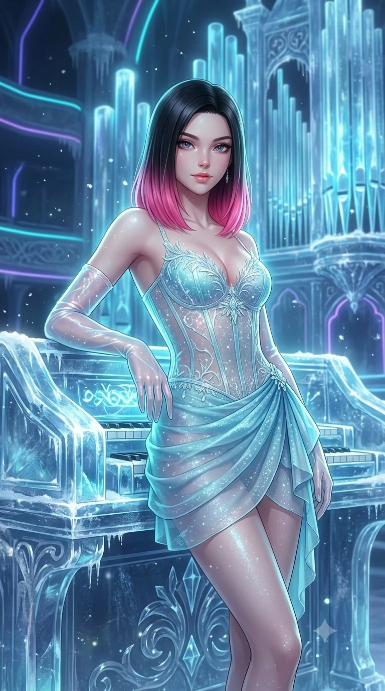 score_9, masterpiece, best quality, ultra-detailed, high-budget anime keyframe, semi-realistic 3D game render, editorial fashion photography, tasteful artistic composition, Korean woman. close-up cowboy shot from the waist and thighs up, the character dominates the composition, filling the frame with her large presence. leaning forward while arching her lower back to accentuate her curvy hips, looking into the camera with an intoxicating smoldering gaze and bedroom-eyes while leaning against the crystalline ice organ console with hips cocked back, gazing out across the frost-dusted auditorium with smoldering bedroom-eyes. The surrounding environment is rendered in vivid detail and crisp panoramic clarity: sharp ice crystal organ fluting, frost dendrite fractures on polished stone stage, and crisp neon tube contours in deep focus. She has an exceptionally elegant, slender, and willowy female figure with an ultra-slim waist, flat toned midriff, narrow ribcage, and sculpted feminine hips creating an alluring, slim hourglass silhouette without bulk. sharp v-shaped jawline, high-bridge nose, intricate jewel-like sparkling eyes with depth, thick eyelashes, glossy parted lips with a natural peach sheen, bright cheerful beaming smile with an enchanting and coquettish sensual glint, exuding both youthful cute charm and seductive allure, flawlessly proportioned anatomical accuracy, strict slender model proportions, natural body alignment, perfectly sculpted long slender limbs, ultra-slim waistline, clean dynamic posture without body distortion. wearing a provocative translucent mesh corset bodice with boned satin channels paired with a sheer chiffon wrap skirt in glacial aurora cyan and starlight silver, crafted from bespoke double-faced cashmere with an exceptionally soft tactile finish, complemented by sheer opera-length evening gloves tracing her slender arms, the high-slit wrap tailoring accentuating her ultra-slim waistline and the enchanting curve of her feminine hips with alluring seductive charm. illuminated by polished ice stage reflection bounce and sharp cyan-silver rim lights sculpting her jawline, narrow waist, and curvy hips. highly saturated vibrant anime colors, detailed shading with soft gradients, rich glossy textures, high-contrast stereoscopic depth, volumetric dynamic lighting, master piece, 9:16 ratio