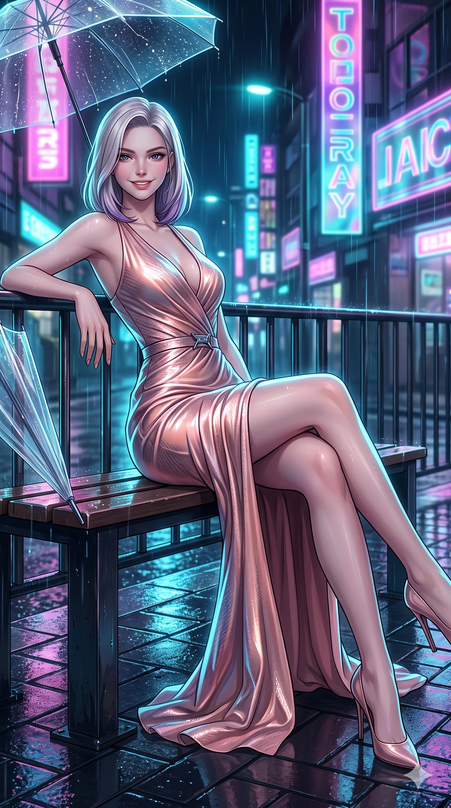 score_9, masterpiece, best quality, ultra-detailed, high-budget anime keyframe, editorial fashion photography, tasteful artistic composition, Caucasian woman. close-up cowboy shot from the waist and thighs up, the character dominates the composition, filling the frame with her large presence. leaning back against the balustrade with relaxed seductive grace, head tilted back slightly while casting a hypnotic, heavy-lidded gaze while lounging gracefully across the sheltered street bench with legs extended, displaying her long slender limbs and statuesque hourglass silhouette amid rain-washed neon. The surrounding environment is rendered in vivid detail and crisp panoramic clarity: sharp wet asphalt paver reflections, luminous umbrella fiber-optic ribs, and razor-sharp holographic typography in deep focus. She has an exceptionally elegant, slender, and willowy female figure with an ultra-slim waist, flat toned midriff, narrow ribcage, and sculpted feminine hips creating an alluring, slim hourglass silhouette without bulk. sharp v-shaped jawline, high-bridge nose, intricate jewel-like sparkling eyes with depth, thick eyelashes, glossy parted lips with a natural peach sheen, bright cheerful beaming smile with an enchanting and coquettish sensual glint, exuding both youthful cute charm and seductive allure, flawlessly proportioned anatomical accuracy, strict slender model proportions, natural body alignment, perfectly sculpted long slender limbs, ultra-slim waistline, clean dynamic posture without body distortion. wearing a form-fitting liquid mercury jersey evening dress clinging smoothly to her narrow waist and rounded hips in Solaris liquid rose-quartz and alien peach, woven from structured carbon-fiber jacquard with rich textural depth, finished with sleek magnetic buckle closures fluttering in the breeze, the impeccably tailored cut draping gracefully along her slender figure with aristocratic poise. illuminated by wet asphalt reflection bounce and sharp laser-cyan rim lights sculpting her razor-sharp jawline, narrow waist, and curvy hips. ultra-reflective glossy finish, specular highlights, rich textural contrasts, high-contrast stereoscopic depth, volumetric dynamic lighting, 2k, ultra detail, master piece, 9:16 ratio