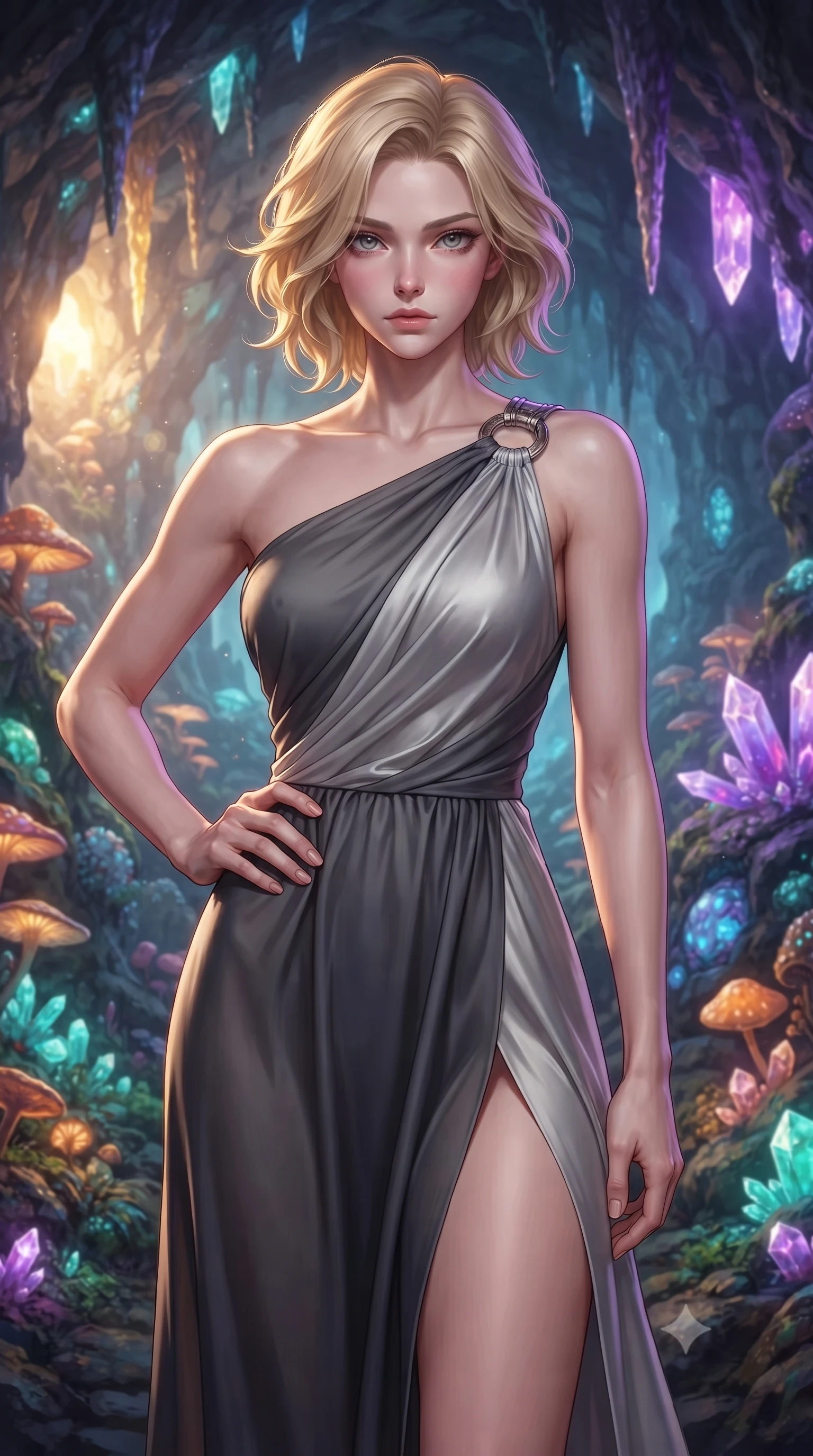 score_9, masterpiece, best quality, ultra-detailed, high-budget anime keyframe, editorial fashion photography, tasteful artistic composition, Caucasian woman. close-up cowboy shot from the waist and thighs up, the character dominates the composition, filling the frame with her large presence, background elements kept in soft focus. Holding a confident power pose with one hand on her hip, gazing directly into the camera with quiet intensity navigating a cavern filled with bioluminescent fungi and crystalline stalactites, bioluminescent opal veins pulsing softly in the surrounding stone walls. She has an exceptionally elegant, slender, and willowy female figure with an ultra-slim waist, a gracefully sculpted slender torso, and a refined silhouette. sharp v-shaped jawline, high-bridge nose, intricate jewel-like eyes with depth, thick eyelashes, glossy lips with a natural sheen. wearing an asymmetrical Grecian draped chiffon gown with a metallic shoulder ring in charcoal grey and platinum, crafted from smooth liquid silk, finished with a sleek side slit ascending to mid-thigh, the elegant draped fit framing her graceful clavicle and slender torso. lit by warm golden sunlight colliding with cool violet crystal illumination. highly saturated vibrant anime colors, detailed shading with soft gradients, rich glossy textures, high-contrast stereoscopic depth, volumetric dynamic lighting, master piece, 9:16 ratio
