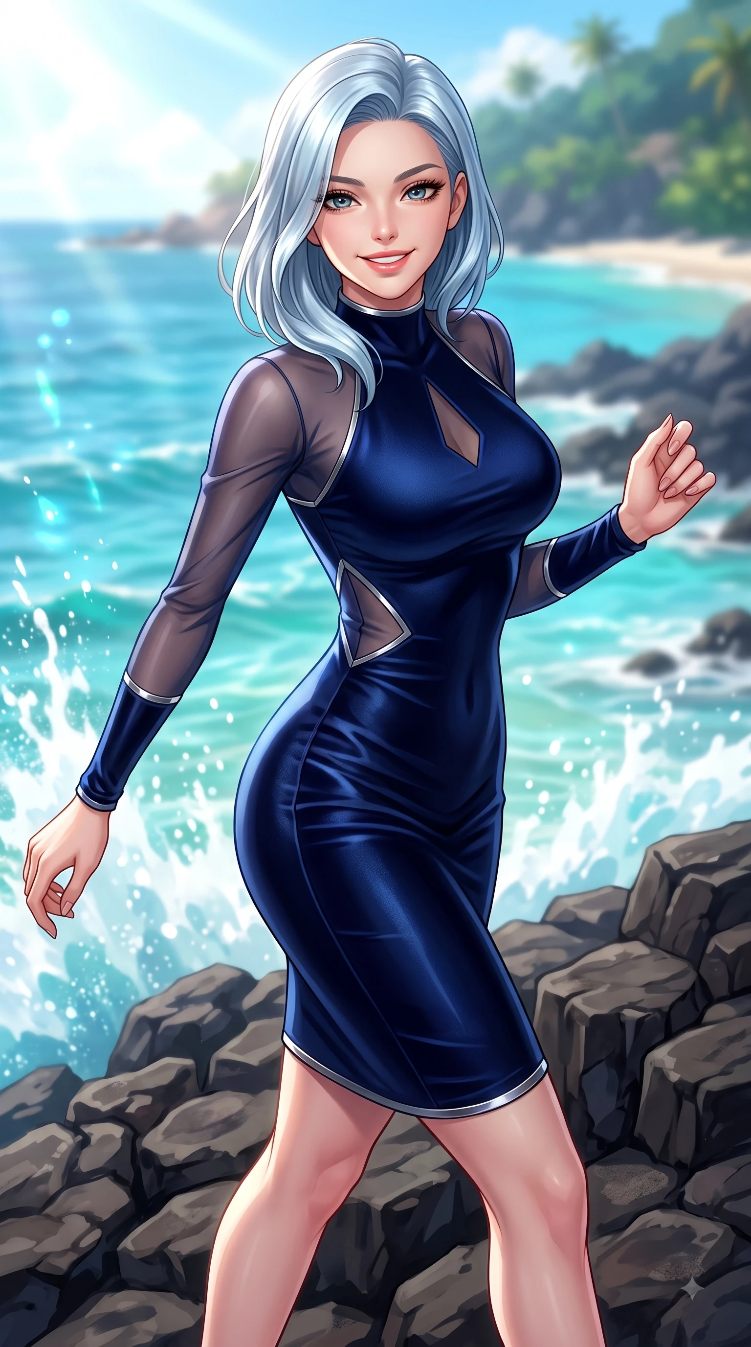 score_9, masterpiece, best quality, ultra-detailed, high-budget anime keyframe, editorial fashion photography, tasteful artistic composition, Korean woman. close-up cowboy shot from the waist and thighs up, the character dominates the composition, filling the frame with her large presence, background elements kept in soft focus. Gazing directly into the camera with a fresh, infectious smile as her torso curves dynamically in mid-stride while pivoting gracefully on dark basalt sea rocks as turquoise ocean waves splash nearby, fresh ocean breeze billowing her summer sundress into fluid, uplifting motions. She has an exceptionally elegant, slender, and willowy female figure with an ultra-slim waist, a gracefully sculpted slender torso, and a refined silhouette. sharp v-shaped jawline, high-bridge nose, intricate jewel-like eyes with depth, thick eyelashes, glossy lips with a natural sheen, flawlessly proportioned anatomical accuracy, natural body alignment, perfectly sculpted elegant limbs, clean dynamic posture without body distortion. wearing a sleek bodycon knit dress with strategic sheer organza sleeve panels in midnight navy blue and chrome trim, made of premium stretch velvet with a rich sheen, featuring subtle geometric cutouts that highlight her ultra-slim midriff, the tailored fabric tightly following every curve of her athletic build. bathed in bright sunny tropical sunbeams and sparkling turquoise sea refractions. highly saturated vibrant anime colors, detailed shading with soft gradients, rich glossy textures, high-contrast stereoscopic depth, volumetric dynamic lighting, master piece, 9:16 ratio