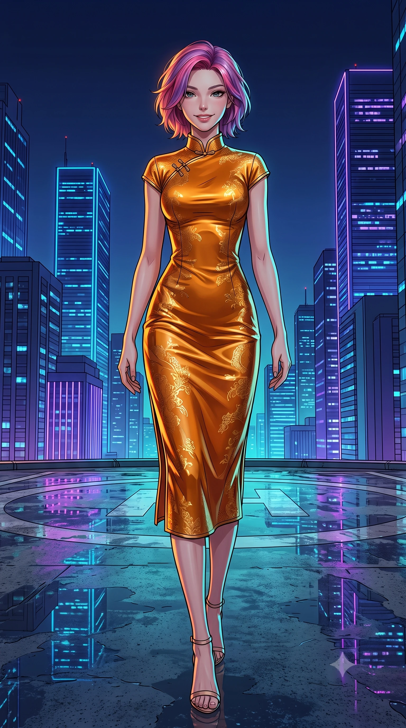 score_9, masterpiece, best quality, ultra-detailed, high-budget anime keyframe, editorial fashion photography, tasteful artistic composition, gorgeous anime illustration, with clean line-art, distinct ink outlines, and high-contrast stereoscopic depth, Caucasian woman, strictly human ears. low angle full-body shot from head to toe showing her feet, filling the entire 9:16 vertical frame with her statuesque presence, stretching her vertical silhouette. stepping elegantly with a warm, welcoming smile through on a high-rise building helipad at night, with wet concrete reflecting the vibrant blue and purple neon lights of surrounding skyscrapers. She has a statuesque 8.5-heads proportion, an exceptionally tall, slender and willowy model-like build with impossibly long legs and a highly sculpted ultra-slim waist. sharp v-shaped jawline, high-bridge nose, intricate jewel-like eyes with depth, thick eyelashes, glossy lips with a natural sheen. wearing a form-contouring qipao-inspired midi dress in liquid amber silk with a mandarin collar, catching gold reflections along her curves. warm amber rim lighting combined with cool teal fill light creating dramatic contrast. 2k, ultra detail, master piece, 9:16 ratio, highly saturated vibrant anime colors, detailed cel-shading with soft gradients, rich glossy textures, deep contrast, volumetric dynamic lighting, 2d animation style