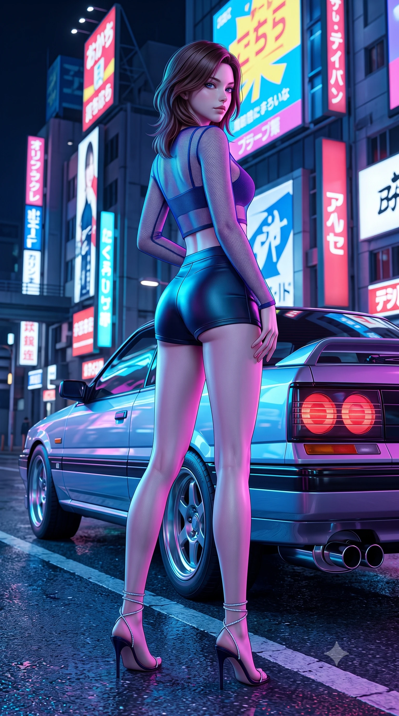 score_9, masterpiece, best quality, ultra-detailed, high-budget anime keyframe, semi-realistic 3D game render, editorial fashion photography, tasteful artistic composition, Korean woman. low angle full-body shot from head to toe showing her feet, filling the entire 9:16 vertical frame with her statuesque presence, stretching her vertical silhouette. executing a slow, graceful pivot turn as her skirt sways around her slender legs, glancing back with an enchanting, teasing sensual expression while standing poised beside a sleek retro sports car parked on the shoulder, arching her back with dangerous 80s city-pop glamour. The surrounding environment is rendered in vivid detail and crisp panoramic clarity: sharp retro car pop-up headlight housings, wet asphalt texture, and chrome exhaust pipe gleam in deep focus. She has an absolutely perfect, statuesque 8.5-heads proportion, an exceptionally tall and slender model-like female figure with impossibly long slender legs, an ultra-slim waist, a flat toned midriff, narrow delicate ribcage, and beautifully sculpted feminine hips creating a graceful, slim hourglass silhouette without any bulky heaviness. sharp v-shaped jawline, high-bridge nose, sparkling eyes with hypnotic seductive depth, thick curled eyelashes, glossy parted lips with a natural dewy peach sheen, alluring bedroom-eyes with an enchanting coquettish smile, exuding magnetic siren charisma and sophisticated glamour, flawlessly proportioned anatomical accuracy, strict slender model proportions, natural body alignment, perfectly sculpted long slender limbs, ultra-slim waistline, clean dynamic posture without body distortion. wearing a sheer athletic mesh long-sleeve crop top layered over an opaque strappy micro-bralette and tight leatherette shorts in dual-tone high-contrast neon monochrome, woven from buttery-soft stretch lambskin leather adhering to her body like a second skin, complemented by strappy stiletto sandals with crystal ankle wraps accentuating her slender calves, the second-skin tailored fabric adhering flawlessly to her sculpted flat midriff and slender torso, emphasizing her long leg lines and perfectly proportioned willowy build. bathed in dynamic dual-tone neon lighting spilling from towering Japanese billboard displays. highly saturated vibrant anime colors, detailed shading with soft gradients, rich glossy textures, high-contrast stereoscopic depth, volumetric dynamic lighting, master piece, 9:16 ratio