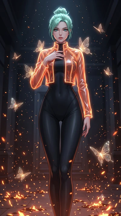 score_9, masterpiece, best quality, ultra-detailed, High-budget Anime Keyframe, East Asian woman. Low angle cowboy shot filling the entire 9:16 frame with her statuesque presence. Scenario 548: watching digital butterflies land on her shoulders in a 