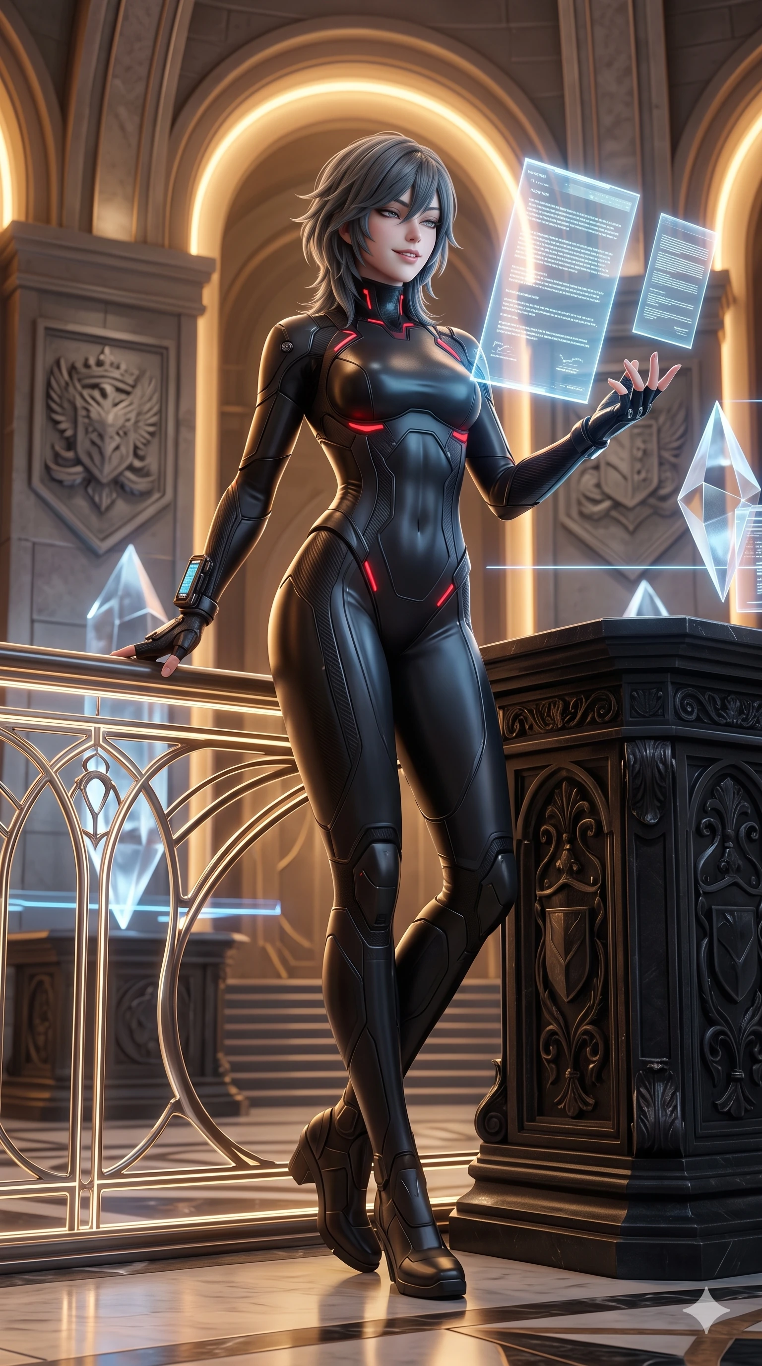 score_9, masterpiece, best quality, ultra-detailed, high-budget anime keyframe, semi-realistic 3D game render, editorial fashion photography, tasteful artistic composition, Caucasian woman. low angle full-body shot from head to toe showing her feet, filling the entire 9:16 vertical frame with her statuesque presence, stretching her vertical silhouette. standing in a tall, confident posture with one hand on a glowing metal railing, stretching her statuesque body as she arches her lower back to emphasize her sculpted feminine hips and slender waist while leaning against the carved black stone rostrum with hips cocked back, looking through floating luminous treaty documents with heavy-lidded seductive eyes. The surrounding environment is rendered in vivid detail and crisp panoramic clarity: sharp carved stone heraldic crests, polished data crystal facet bevels, and crisp laser projection lines in deep focus. She has an absolutely perfect, statuesque 8.5-heads proportion, an exceptionally tall and slender model-like female figure with impossibly long slender legs, an ultra-slim waist, a flat toned midriff, narrow delicate ribcage, and beautifully sculpted feminine hips creating a graceful, slim hourglass silhouette without any bulky heaviness. sharp v-shaped jawline, high-bridge nose, intricate jewel-like sparkling eyes with depth, thick eyelashes, glossy parted lips with a natural sheen, bright confident smile with an enchanting and coquettish sensual glint, exuding both youthful magnetic charm and sovereign high-tech allure, flawlessly proportioned anatomical accuracy, strict slender model proportions, natural body alignment, perfectly sculpted long slender limbs, ultra-slim waistline, clean dynamic posture without body distortion. wearing a form-fitting cybernetic combat suit in matte black latex and carbon fiber, tracing her willowy silhouette with a high neck in midnight black lacquer and vibrant scarlet neon, formed from supple thermal silicone composite adhering seamlessly like a second skin, complemented by fingerless armored tactical gloves and a glowing holographic wrist terminal, the liquid-tight tailored fabric clinging flawlessly to her narrow waist and rounded feminine hips, emphasizing every millimeter of her sculpted slim hourglass curves without any bulky heaviness. bathed in the prestigious warm 2800K glow of recessed golden cove lighting mixed with crisp cold white crystal data projections. highly saturated vibrant anime colors, detailed shading with soft gradients, rich glossy textures, high-contrast stereoscopic depth, volumetric dynamic lighting, master piece, 9:16 ratio