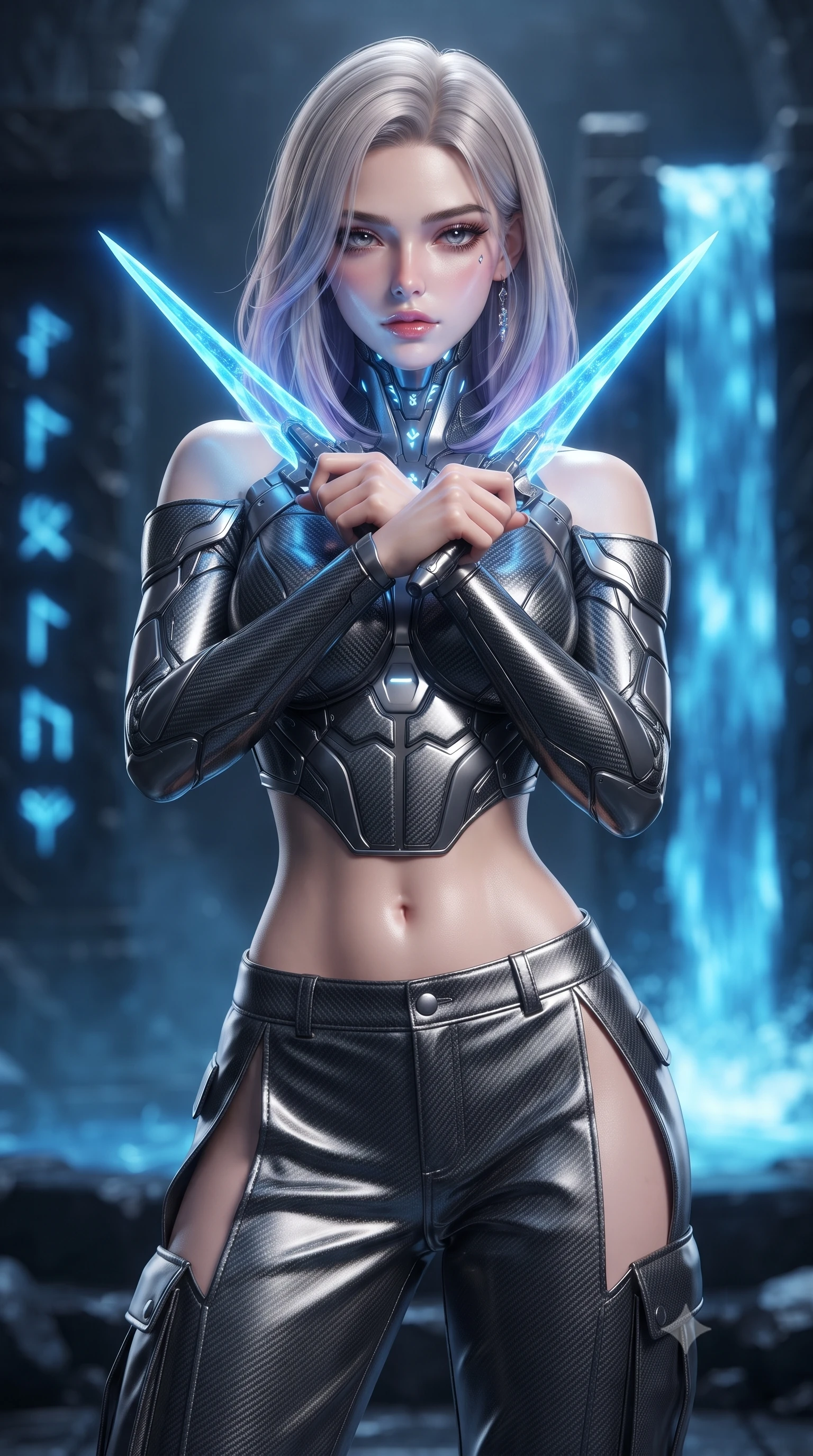 score_9, masterpiece, best quality, ultra-detailed, high-budget anime keyframe, editorial fashion photography, tasteful artistic composition, Caucasian woman. close-up cowboy shot from the waist and thighs up, the character dominates the composition, filling the frame with her large presence, background elements kept in soft focus. holding two energy daggers crossed in front of her elegant collarbone, casting a heavy-lidded, sultry look, the background shows a soft-focus a temple altar near a plasma waterfall, built from black obsidian stone. She has an exceptionally elegant, slender, and willowy female figure with an ultra-slim waist, a gracefully sculpted slender torso, and a refined silhouette. sharp v-shaped jawline, high-bridge nose, intricate jewel-like eyes with depth, thick eyelashes, glossy lips with a natural sheen. wearing a form-contouring off-shoulder carbon-fiber armor top paired with high-slit tactical cargo pants, showing her delicately sculpted midriff. soft blue light radiating from carved runes, casting an eerie uplight. ultra-reflective glossy finish, specular highlights, metallic sheen, high-contrast stereoscopic depth, volumetric dynamic lighting, 2k, ultra detail, master piece, 9:16 ratio