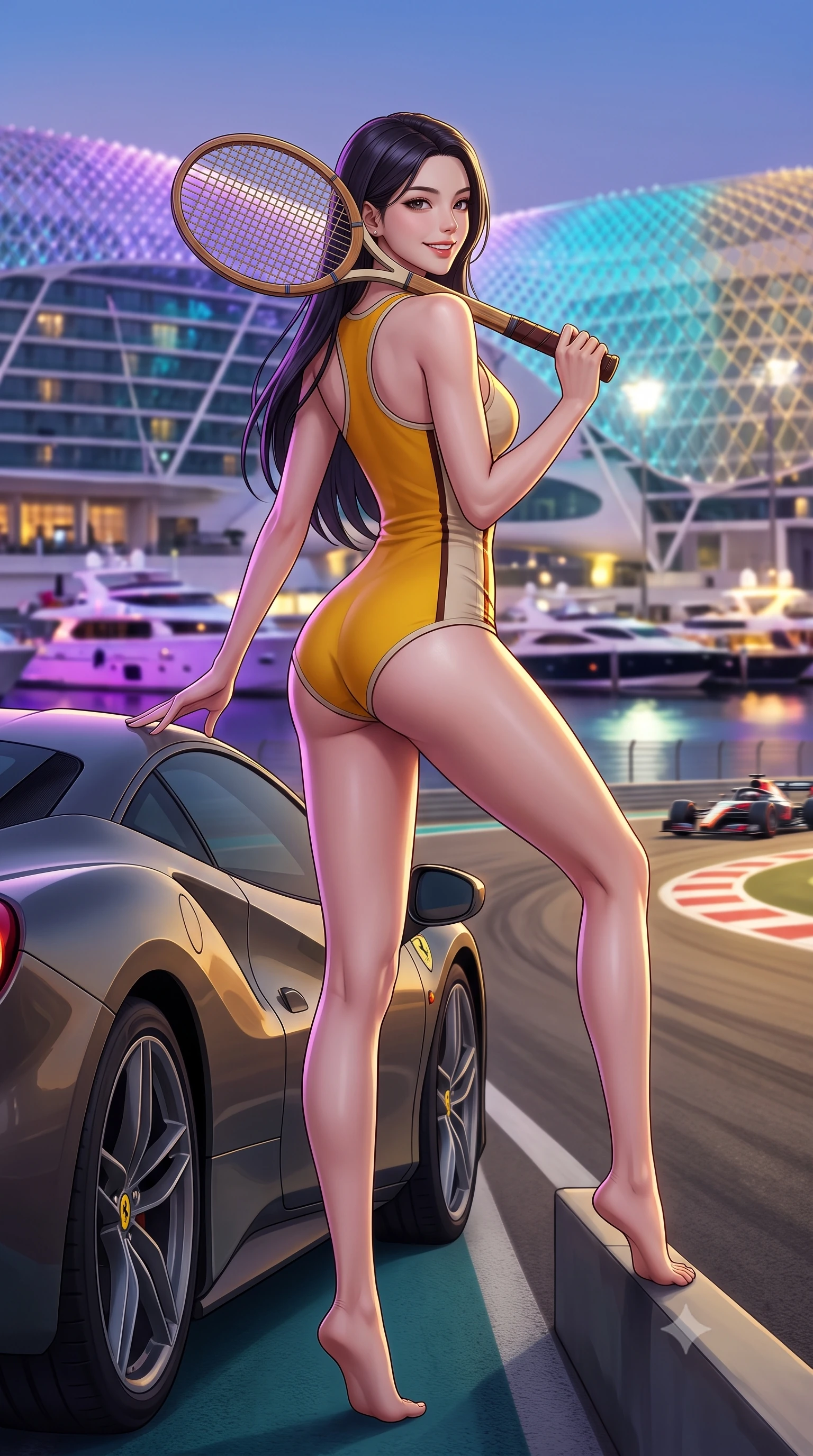 score_9, masterpiece, best quality, ultra-detailed, high-budget anime keyframe, semi-realistic 3D game render, editorial fashion photography, tasteful artistic composition, Korean woman. low angle full-body shot from head to toe showing her feet, filling the entire 9:16 vertical frame with her statuesque presence, stretching her vertical silhouette. standing in a tall, confident posture with one hand on the sports car roof, stretching her statuesque body as she arches her lower back to emphasize her sculpted feminine hips and slender waist while leaning against the trackside parapet with hips cocked back, looking over a bare shoulder toward high-speed racing cars braking into the chicane. The background shows a soft-focus the colossal flowing LED grid shell of the Yas Hotel shifting in violet, cyan, and gold and luxury yachts in the marina blurred into vibrant bokeh. She has an absolutely perfect, statuesque 8.5-heads proportion, an exceptionally tall and slender model-like female figure with impossibly long slender legs, an ultra-slim waist, a flat toned midriff, narrow delicate ribcage, and beautifully sculpted feminine hips creating a graceful, slim hourglass silhouette without any bulky heaviness. sharp v-shaped jawline, high-bridge nose, sparkling eyes with athletic focus and depth, thick curled eyelashes, glossy parted lips with a natural coral-peach sheen, bright confident and coquettish smile with alluring bedroom-eyes, exuding both youthful sporty vigor and sovereign high-society glamour, flawlessly proportioned anatomical accuracy, strict slender model proportions, natural body alignment, perfectly sculpted long slender limbs, ultra-slim waistline, clean dynamic posture without body distortion. wearing a bodycon racerback athletic romper with high-cut leg openings and side racing stripe tape accentuating her curvy hips in warm oatmeal beige and deep Ferrari yellow, tailored from crisp cotton poplin with clean aerodynamic structural lines, featuring a vintage wooden tennis racket held casually over one shoulder, the high-waisted wrap tailoring accentuating her ultra-slim waistline and the enchanting curve of her feminine hips with alluring sporty charm. illuminated by track floodlight bounce and sharp violet-gold rim lights sculpting her razor-sharp jawline, narrow waist, and curvy hips. highly saturated vibrant anime colors, detailed shading with soft gradients, rich glossy textures, high-contrast stereoscopic depth, volumetric dynamic lighting, master piece, 9:16 ratio