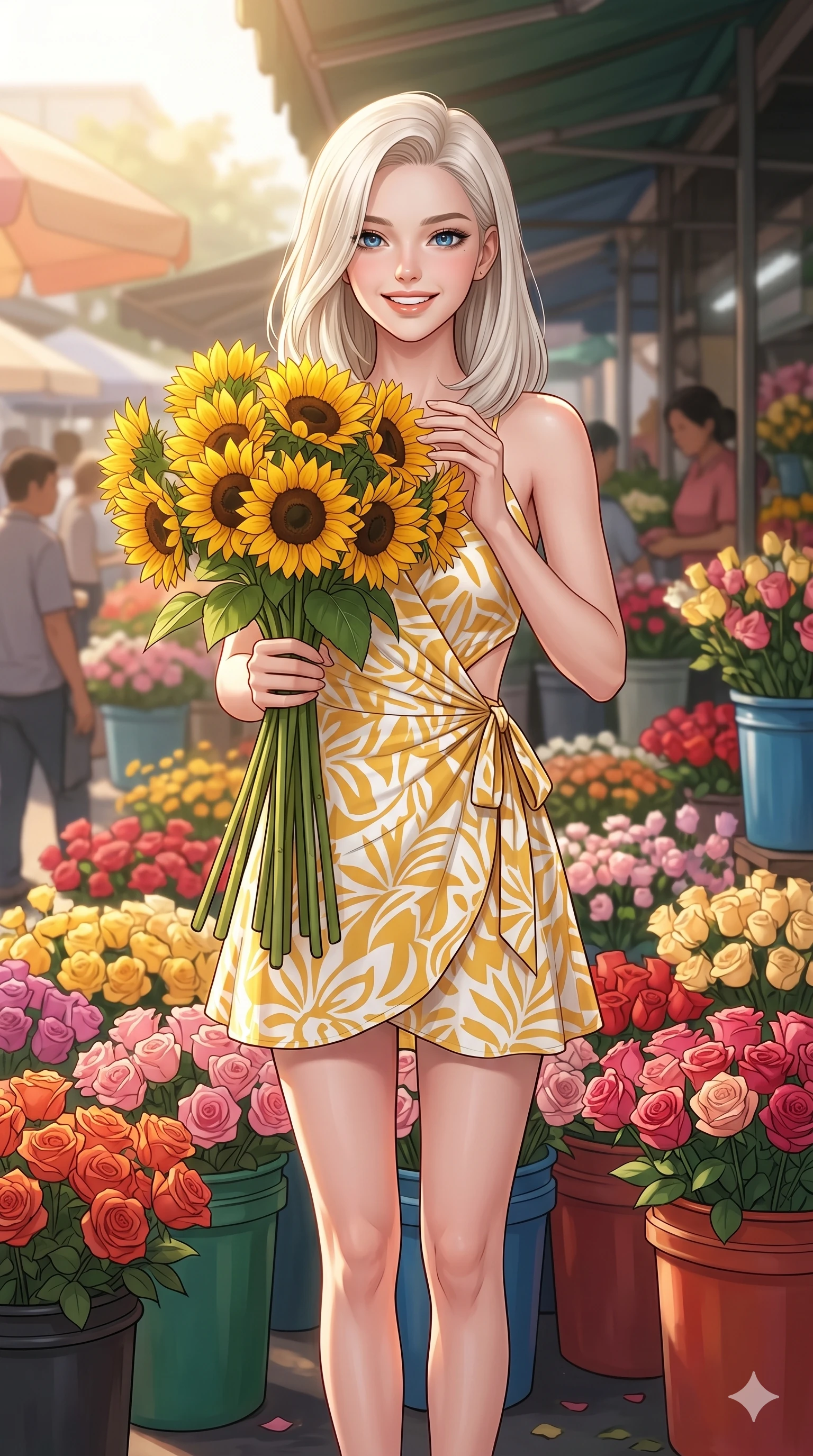 score_9, masterpiece, best quality, ultra-detailed, high-budget anime keyframe, editorial fashion photography, tasteful artistic composition, Caucasian woman, strictly human ears. cowboy shot from the thighs up, character and outfit filling the frame for maximum editorial presence. holding a bunch of sunflowers with a bright, joyful smile, looking at the camera inside an outdoor flower market filled with colorful buckets of roses. She has an absolutely perfect 8-heads proportion, an exceptionally tall and slender female figure with impossibly long slender legs and an ultra-slim waist. V-shaped jawline, high-bridge nose, intricate jewel-like eyes with depth, thick eyelashes, glossy lips with a natural sheen. wearing a yellow and white cotton wrap dress with a tasteful side cutout and bare shoulders. drenched in morning sunlight casting a soft, clean glow over the market. 2k, ultra detail, master piece, 9:16 ratio