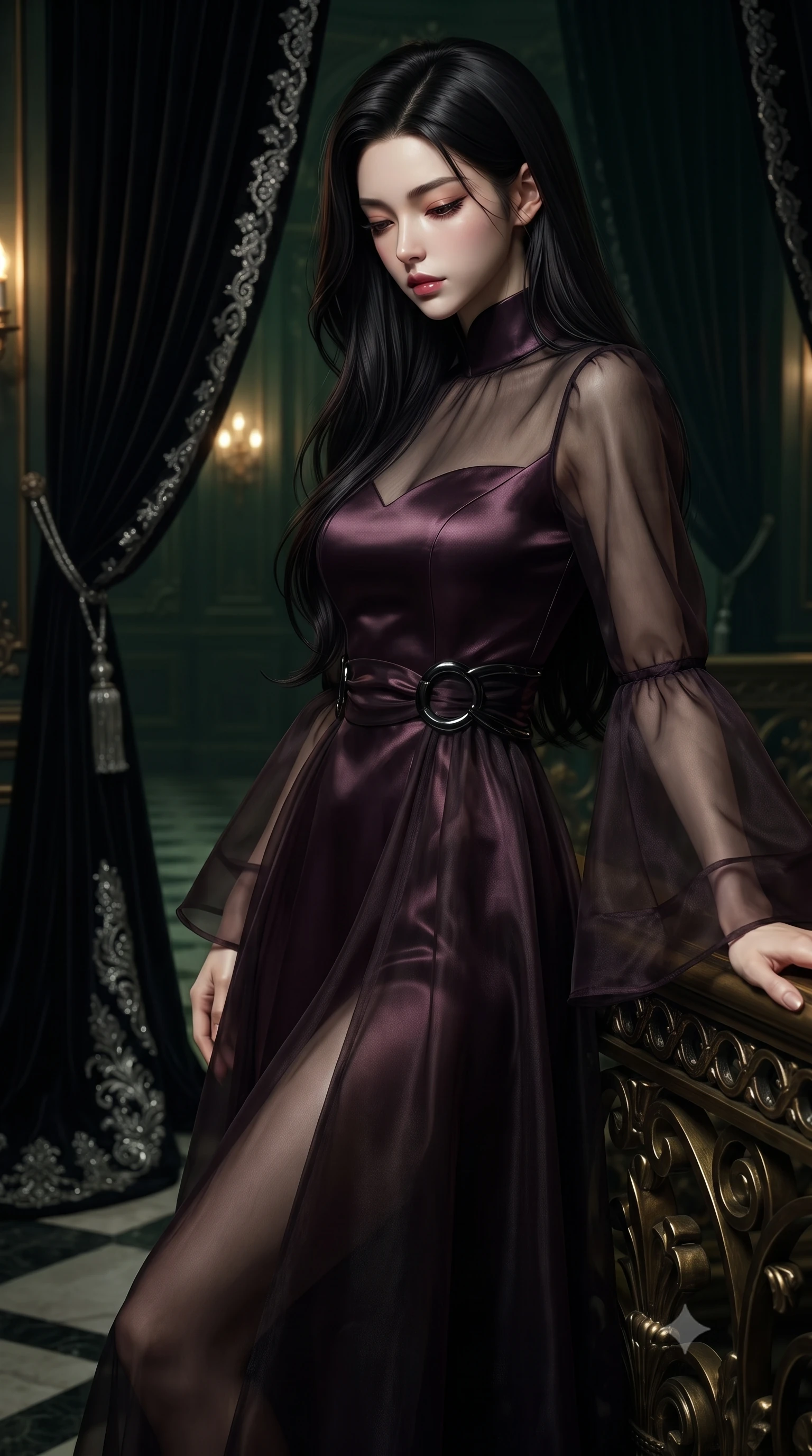 score_9, masterpiece, best quality, ultra-detailed, high-budget anime keyframe, editorial fashion photography, tasteful artistic composition, Korean woman. close-up cowboy shot from the waist and thighs up, the character dominates the composition, filling the frame with her large presence, background elements kept in soft focus. Looking down with lowered lashes and a composed, powerful dark aura, leaning against an ornate dark gold balustrade overlooking a shadowy hall, heavy black velvet drapery with silver embroidery falling to the floor. She has an exceptionally elegant, slender, and willowy female figure with an ultra-slim waist, a gracefully sculpted slender torso, and a refined silhouette. sharp v-shaped jawline, high-bridge nose, intricate jewel-like eyes with depth, thick eyelashes, glossy lips with a natural sheen. wearing gothic high-collar dark plum silk evening gown with long bell sleeves in metallic dark silver, made of sheer dark organza overlay, accented with sculpted obsidian chrome rings at the waist, contouring every curve with an exceptionally elegant silhouette. bathed in warm gold and cool green firelight contrast against black shadows. ultra-reflective glossy finish, specular highlights, metallic sheen, high-contrast stereoscopic depth, volumetric dynamic lighting, 2k, ultra detail, master piece, 9:16 ratio