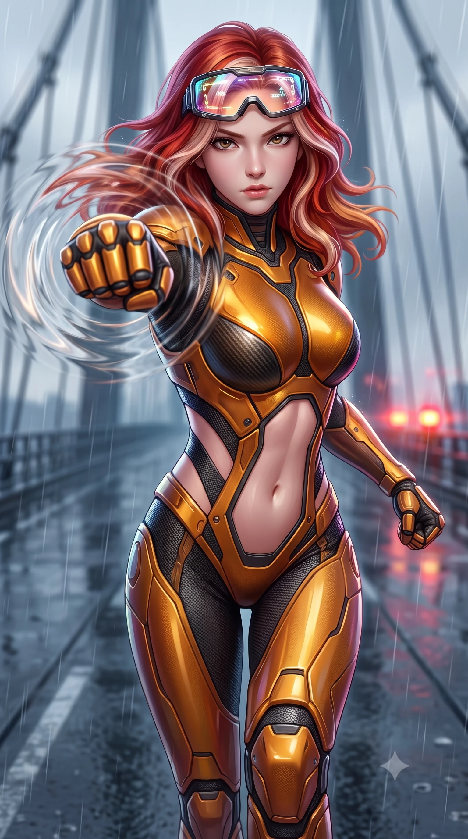 score_9, masterpiece, best quality, ultra-detailed, high-budget anime keyframe, semi-realistic 3D game render, editorial fashion photography, tasteful artistic composition, Caucasian woman. close-up cowboy shot from the waist and thighs up, the character dominates the composition, filling the frame with her large presence. thrusting a high-speed kinetic punch toward the camera, a visible conical shockwave distortion wrapping around her armored forearm while striding commanding across the wet suspension cables with sovereign balance and supreme athletic poise. The composition keeps background elements in soft focus with creamy bokeh. skybridge suspension cables and flashing warning beacons softened in dramatic shallow focus. She has an exceptionally elegant, slender, and willowy female figure with an ultra-slim waist, a gracefully sculpted slender torso, toned flat midriff, and a refined slim silhouette. sharp v-shaped jawline, high-bridge nose, intricate jewel-like eyes with depth, thick eyelashes, glossy lips with a natural sheen, fierce and resolute heroine expression, flawlessly proportioned anatomical accuracy, strict slender model proportions, natural body alignment, perfectly sculpted long slender limbs, ultra-slim waistline, clean dynamic posture without body distortion. wearing high-tech holographic tactical goggles resting tipped up on her forehead, casting glowing neon runes across her brow without obscuring her features, paired with a form-contouring high-mobility battle-suit featuring sculpted carbon chest plating, diagonal midriff ventilation cutouts, and kinetic knee vambraces in molten amber-gold carbon cuirass with dark gunmetal weave, tailored from flexible second-skin ballistic carbon-mesh adhering flawlessly to her athletic build, finished with high-mobility flexible armor articulation seams and miniature magnetic locks, the form-contouring material adhering flawlessly to her sculpted flat midriff and slender torso, emphasizing her long leg lines and perfectly proportioned willowy build. illuminated by crisp specular highlights tracing her sculpted flat midriff, bare spine, and slender limbs. rich saturated anime colors with glowing neon highlights, detailed shading with soft gradients, rich glossy textures, high-contrast stereoscopic depth, volumetric dynamic lighting, master piece, 9:16 ratio
