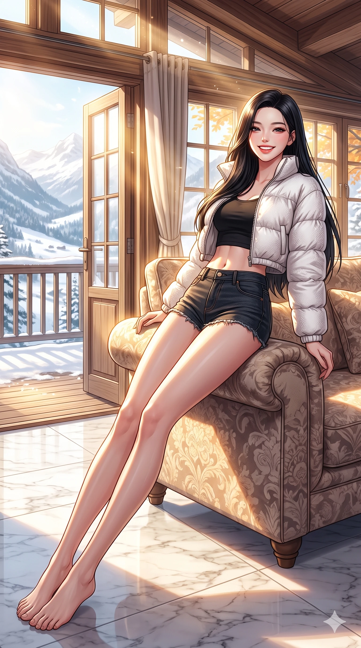 score_9, masterpiece, best quality, ultra-detailed, high-budget anime keyframe, vibrant anime aesthetic, Korean woman. low angle full-body shot from head to toe showing her feet, filling the entire 9:16 vertical frame with her statuesque presence, stretching her vertical silhouette. She is leaning back against a sofa with a bright, radiant smile on her face in the cabin on a sunlit marble terrace overlooking a snowy valley (Code-P21-041). She has an absolutely perfect 8-heads proportion, an exceptionally tall and slender female figure with impossibly long slender legs and an ultra-slim waist. V-shaped jawline, high-bridge nose, intricate jewel-like eyes with depth, thick eyelashes, glossy lips with a natural sheen. wearing a cropped down jacket showing her exposed midriff and micro-shorts. She is bathed in brilliant, warm autumn sunbeams creating sharp highlights on her form. 2k, ultra detail, master piece, 9:16 ratio