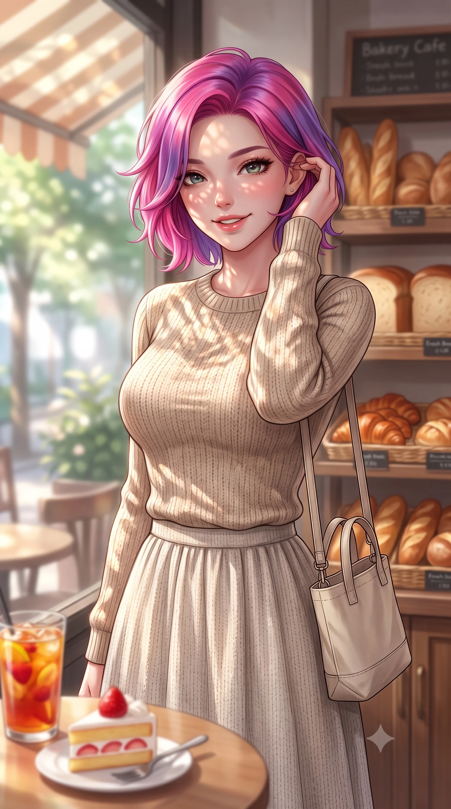 score_9, masterpiece, best quality, ultra-detailed, high-budget anime keyframe, editorial fashion photography, tasteful artistic composition, Caucasian woman. close-up cowboy shot from the waist and thighs up, the character dominates the composition, filling the frame with her large presence, background elements kept in soft focus. smiling cutely while gently brushing a strand of hair behind her ear set against a soft-focus background of inside a bustling bakery cafe with display shelves full of fresh bread with a glass of iced fruit tea and a slice of strawberry shortcake nearby. She has an exceptionally elegant, slender, and willowy female figure with an ultra-slim waist, a gracefully sculpted slender torso, and a refined silhouette. sharp v-shaped jawline, high-bridge nose, intricate jewel-like eyes with depth, thick eyelashes, glossy lips with a natural sheen. wearing body-hugging cozy oatmeal knit sweater paired with a long cotton skirt and a small canvas tote bag. dappled sunlight filtering through the outdoor awning onto her face. highly saturated vibrant anime colors, detailed shading with soft gradients, rich glossy textures, high-contrast stereoscopic depth, volumetric dynamic lighting, master piece, 9:16 ratio
