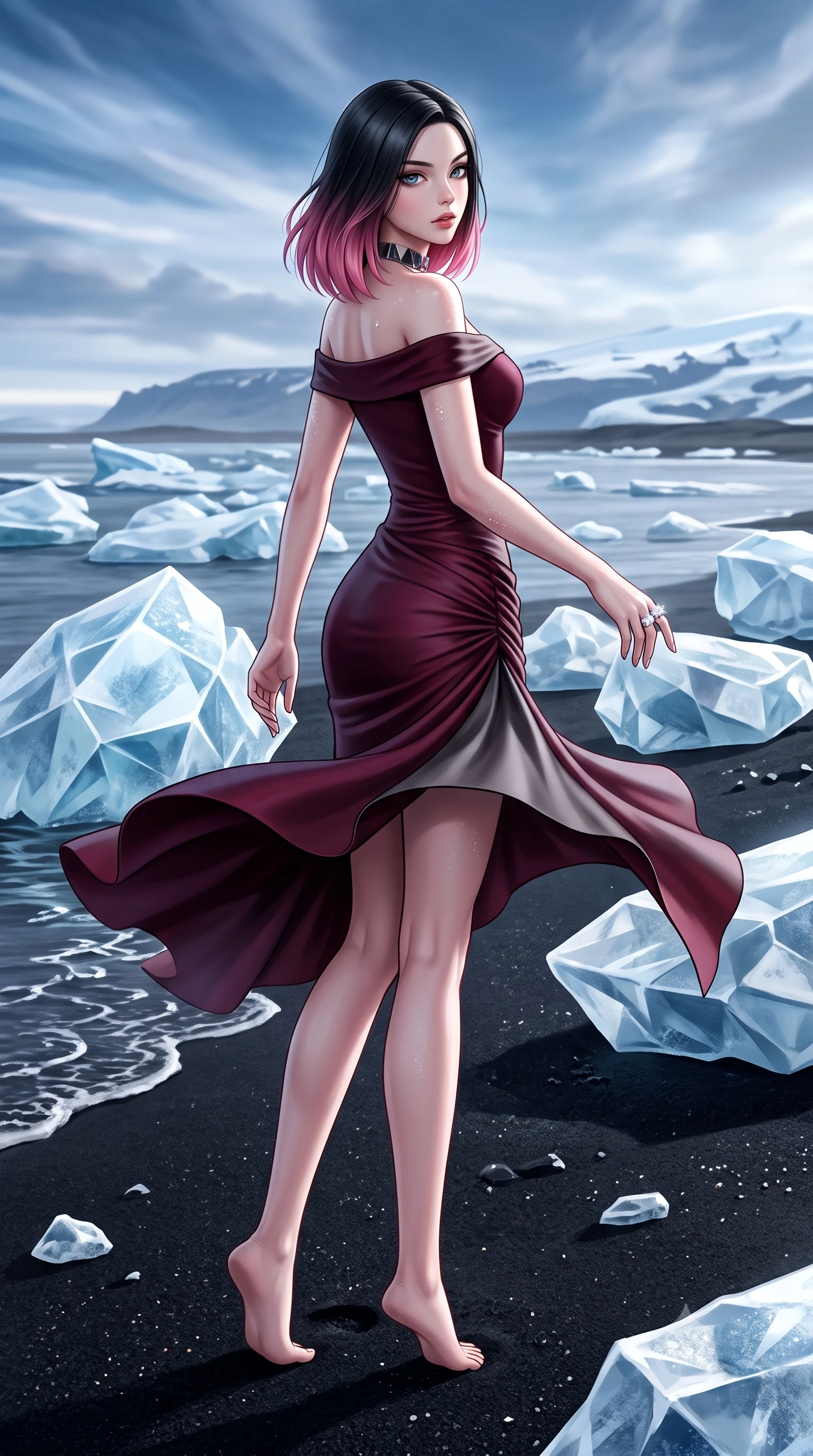 score_9, masterpiece, best quality, ultra-detailed, high-budget anime keyframe, semi-realistic 3D game render, editorial fashion photography, tasteful artistic composition, Korean woman. low angle full-body shot from head to toe showing her feet, filling the entire 9:16 vertical frame with her statuesque presence, stretching her vertical silhouette. executing an elegant mid-motion pivot turn as garments swirl around her slender limbs, glancing over her shoulder with an intoxicating bedroom-gaze while standing poised on the volcanic black sand between diamond-like glacial ice blocks, her wind-swept drapery sculpting her slim hourglass silhouette. The surrounding environment is rendered in vivid detail and crisp panoramic clarity. detailed thermal couture dress sheen, frost crystal beads on skin, and polar wave ripple clarity in high resolution. She has an exceptionally tall and slender model-like 8.5-heads proportion, an ultra-slim waist, a flat toned midriff, narrow delicate ribcage, and beautifully sculpted feminine hips creating a graceful, slim hourglass silhouette without any bulky heaviness, with impossibly long slender legs. sharp v-shaped jawline, high-bridge nose, intricate jewel-like eyes with depth, thick eyelashes, glossy parted lips with a natural sheen, intensely captivating and seductive bedroom-eyes expression, flawlessly proportioned anatomical accuracy, strict slender model proportions, natural body alignment, perfectly sculpted long slender limbs, ultra-slim waistline, clean dynamic posture without body distortion. wearing a form-contouring cocktail dress with an asymmetrical open shoulder and hip-defining ruching in deep wine burgundy and brushed dark platinum, tailored from water-resistant treated wool gabardine and flexible stretch silk, complemented by a bold geometric choker and sparkling cocktail ring, the form-contouring material adhering flawlessly to her sculpted flat midriff and slender torso, emphasizing her long leg lines and perfectly proportioned willowy build. illuminated by crisp ice crystal specular highlights sharply carving her razor-sharp jawline, narrow waist, and curvy hips. highly saturated vibrant anime colors, detailed shading with soft gradients, rich glossy textures, high-contrast stereoscopic depth, volumetric dynamic lighting, master piece, 9:16 ratio