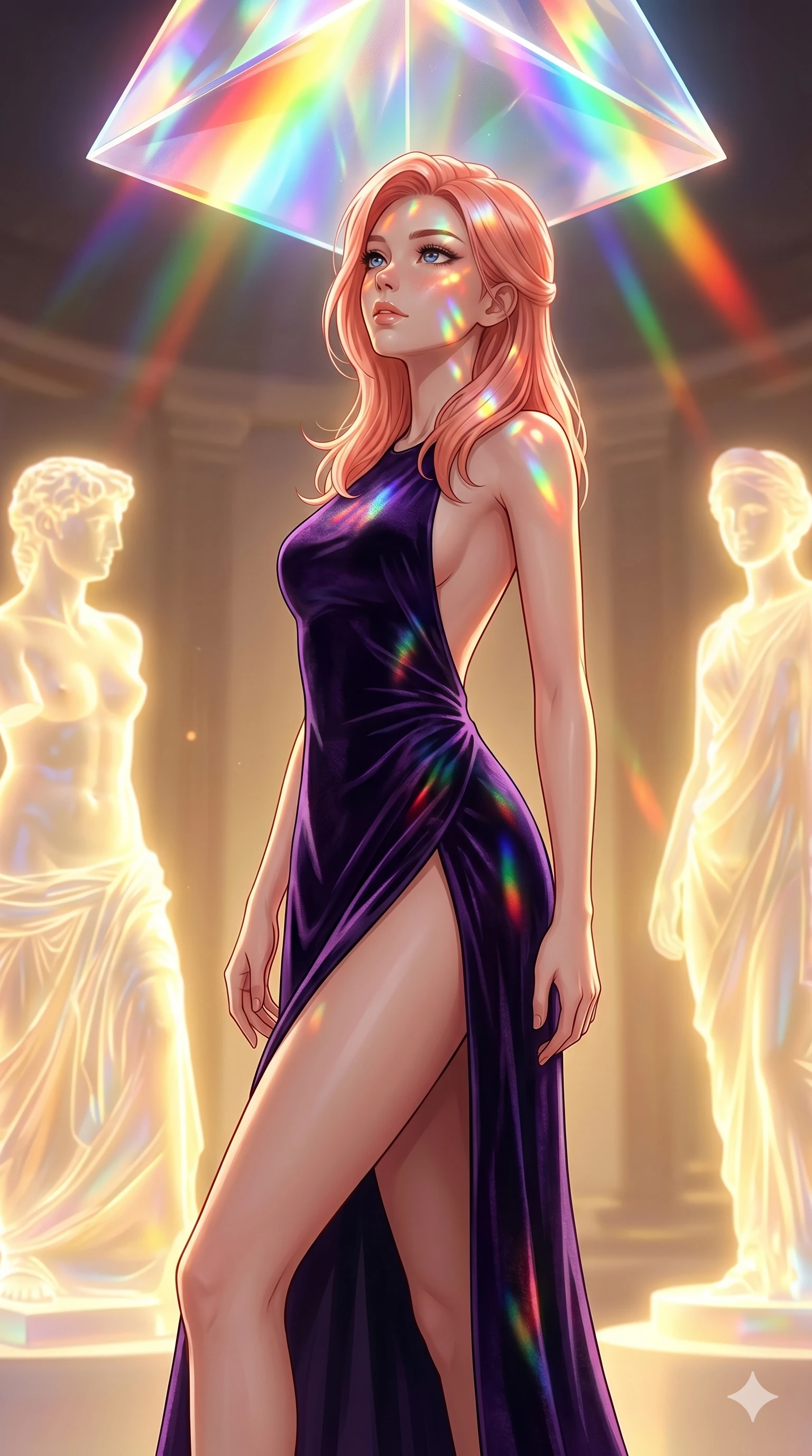 score_9, masterpiece, best quality, ultra-detailed, high-budget anime keyframe, editorial fashion photography, tasteful artistic composition, Japanese woman. cowboy shot from the thighs up, character and outfit filling the frame for maximum editorial presence. Glancing upward with a thoughtful, dreamy expression, the light catching her glossy lips within a digital sanctuary where holographic statues cast soft golden lighting. She has an absolutely perfect 8-heads proportion, an exceptionally tall and slender female figure with impossibly long slender legs and an ultra-slim waist. V-shaped jawline, high-bridge nose, intricate jewel-like eyes with depth, thick eyelashes, glossy lips with a natural sheen. wearing a dark violet velvet evening gown with a dramatically open back and a high front slit revealing long legs. illuminated by refracted rainbow light from a crystal prism overhead, coloring her face and outfit. 2k, ultra detail, master piece, 9:16 ratio