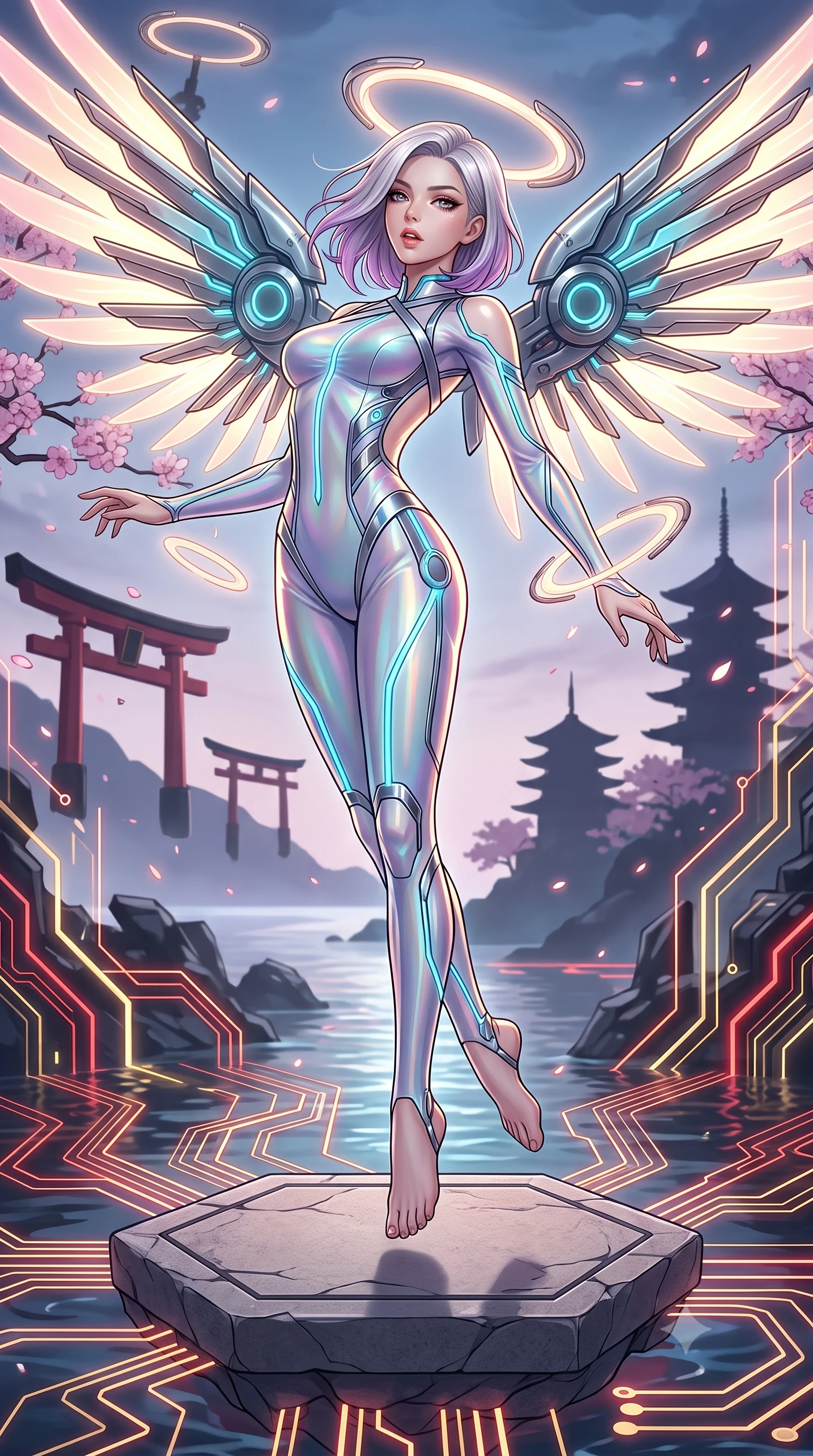 score_9, masterpiece, best quality, ultra-detailed, high-budget anime keyframe, editorial fashion photography, tasteful artistic composition, Caucasian woman. low angle full-body shot from head to toe showing her feet, filling the entire 9:16 vertical frame with her statuesque presence, stretching her vertical silhouette. arching her back gracefully in mid-air as glowing mechanical wings and floating cybernetic halos frame her statuesque presence while pivoting dynamically on a floating hexagonal stone platform as glowing red and gold circuit lines ripple through the water. The surrounding environment is rendered in vivid detail and crisp panoramic clarity. vibrant contrast between traditional Japanese aesthetics and high-tech cybernetic design in panoramic precision. She has an absolutely perfect, statuesque 8.5-heads proportion, an exceptionally tall and slender model-like female figure with impossibly long slender legs, a toned flat midriff, and an ultra-slim waist. sharp v-shaped jawline, high-bridge nose, intricate jewel-like eyes with depth, thick eyelashes, glossy lips with a natural sheen, flawlessly proportioned anatomical accuracy, strict slender model proportions, natural body alignment, perfectly sculpted long slender limbs, ultra-slim waistline, clean dynamic posture without body distortion. wearing an ultra-sleek aerodynamic tech-jumpsuit sculpted tightly to her figure, accented with glowing fiber-optic spine lines in polished mirror chrome and glowing electric cyan neon, made of smooth flowing silk chiffon that shifts colors with movement, complemented by criss-cross back straps highlighting her completely bare spine, the sleek second-skin cut tightly hugging her graceful clavicle, narrow waist, and feminine curves with athletic precision. surrounded by an ethereal, timeless, and captivatingly graceful oriental cyber-goddess aura. ultra-reflective glossy finish, specular highlights, dark metallic sheen, high-contrast stereoscopic depth, volumetric dynamic lighting, 2k, ultra detail, master piece, 9:16 ratio