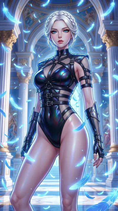 score_9, masterpiece, best quality, ultra-detailed, Set C: High-budget Anime Keyframe, Korean woman. Upper body close-up from the thighs up, character filling the screen for maximum presence. Standing in a rain of blue feathers in a white marble cour