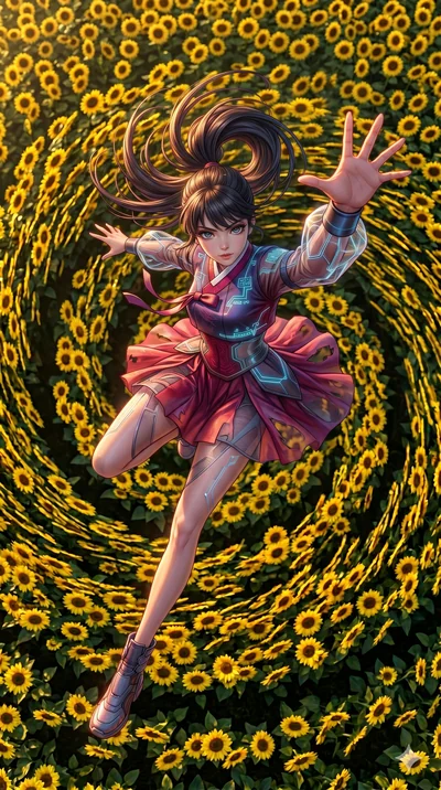 score_9, masterpiece, best quality, ultra-detailed, photorealistic 8k CG, hyper-detailed textures, ray-tracing, Japanese woman. Extreme high angle shot as she leaps towards the camera, filling the frame. spinning in a field of sunflowers that all swa