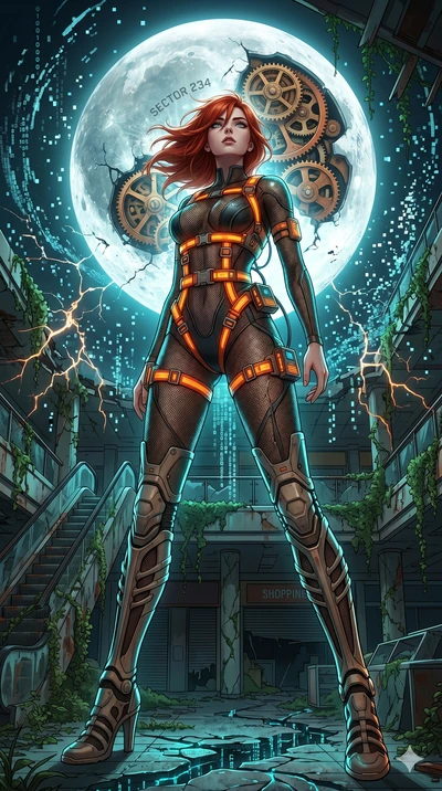 score_9, masterpiece, best quality, ultra-detailed, Set A: High-budget Anime Keyframe, Caucasian (human ears) woman. Low angle cowboy shot filling the entire 9:16 frame with her statuesque presence. Theme: Historical Remix. shattering the fabric of r