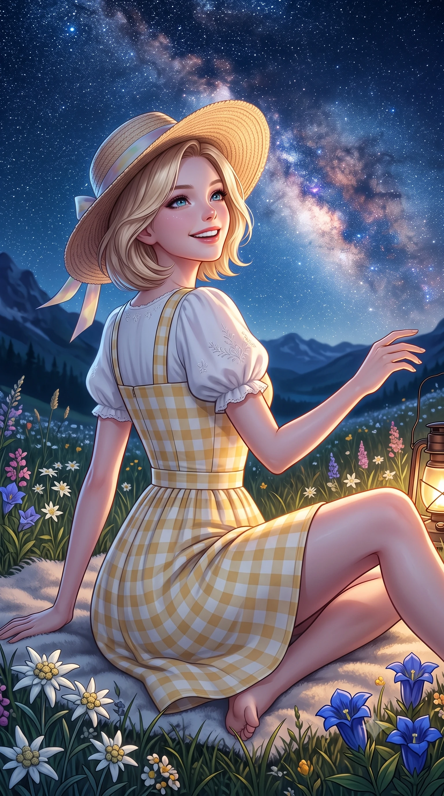 score_9, masterpiece, best quality, ultra-detailed, high-budget anime keyframe, semi-realistic 3D game render, editorial fashion photography, tasteful artistic composition, Caucasian woman. close-up cowboy shot from the waist and thighs up, the character dominates the composition, filling the frame with her large presence. extending one arm gracefully toward the scenery while turning back with an infectious, heartwarming smile while sitting comfortably on a soft wool blanket in a high alpine meadow, gazing up at the brilliant Milky Way with sparkling eyes. The surrounding environment is rendered in vivid detail and crisp panoramic clarity. transcendent nocturnal chiaroscuro and vast cosmic wilderness beauty captured with celestial sharpness. She has an exceptionally elegant, slender, and willowy female figure with an ultra-slim waist, a gracefully sculpted slender torso, toned flat midriff, and a refined slim silhouette. sharp v-shaped jawline, high-bridge nose, intricate jewel-like eyes with depth, thick eyelashes, glossy lips with a natural sheen, pure and lovely fresh girlhood expression, flawlessly proportioned anatomical accuracy, strict slender model proportions, natural body alignment, perfectly sculpted long slender limbs, ultra-slim waistline, clean dynamic posture without body distortion. wearing a charming pastel gingham pinafore dress layered over a soft white puff-sleeve blouse in fresh buttercup yellow and clean cream white, knitted from ultra-soft cozy baby-cashmere yarn, paired with a wide-brim woven straw hat tied with a pastel ribbon, the chic real-way fashion cut emphasizing her effortless charm, flat midriff, and slender model proportions. surrounded by a magical, romantic, and breathtakingly wondrous starlit maiden aura. highly saturated vibrant anime colors, detailed shading with soft gradients, rich glossy textures, high-contrast stereoscopic depth, volumetric dynamic lighting, master piece, 9:16 ratio